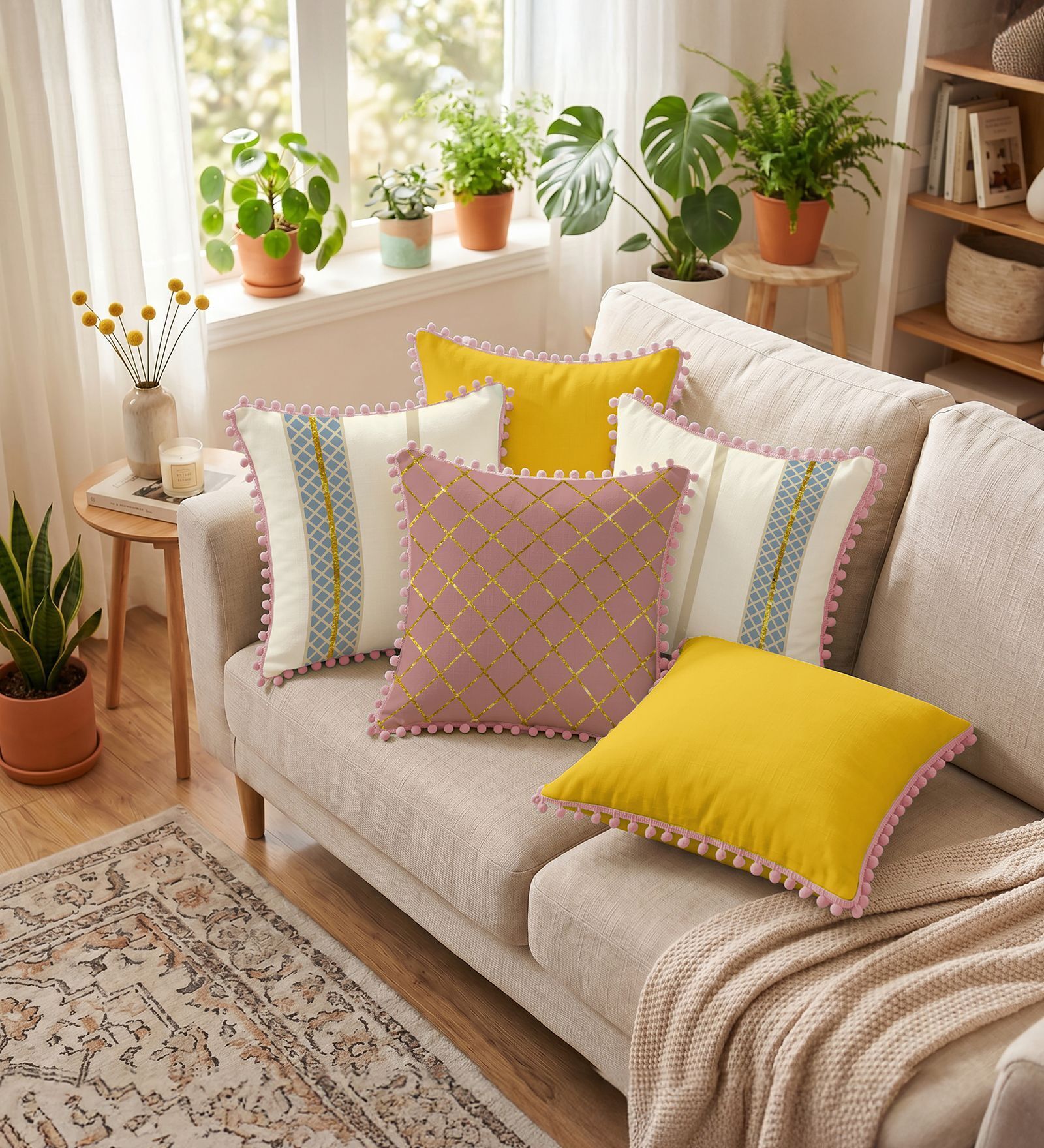 Zari Jaal & Aura Dusty Pink, Gold & Yellow Cotton Pom Pom Cushion Cover