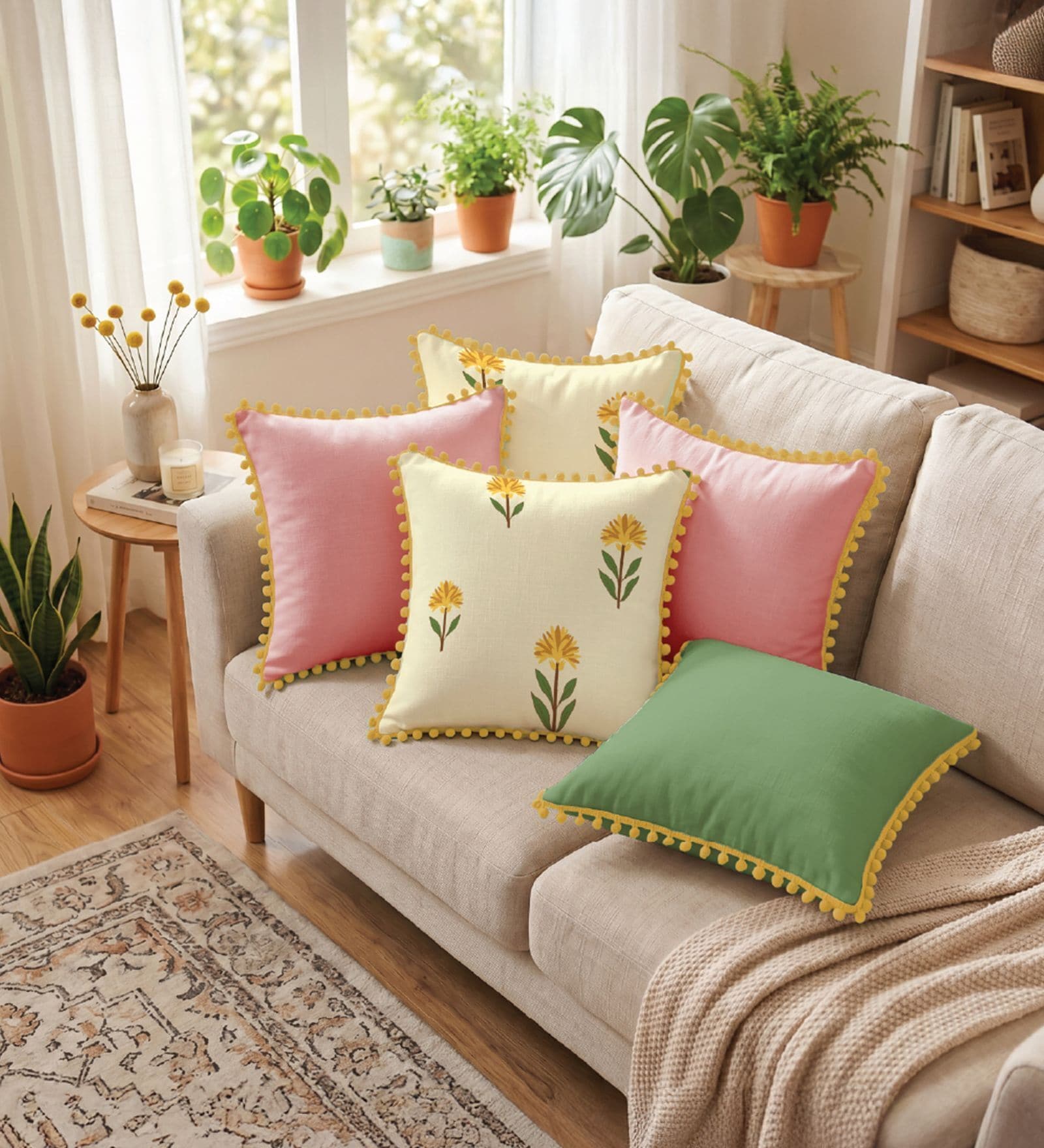 Aster & Aura Yellow, Dusty Pink & Sage Green Cotton Pom Pom Cushion Cover