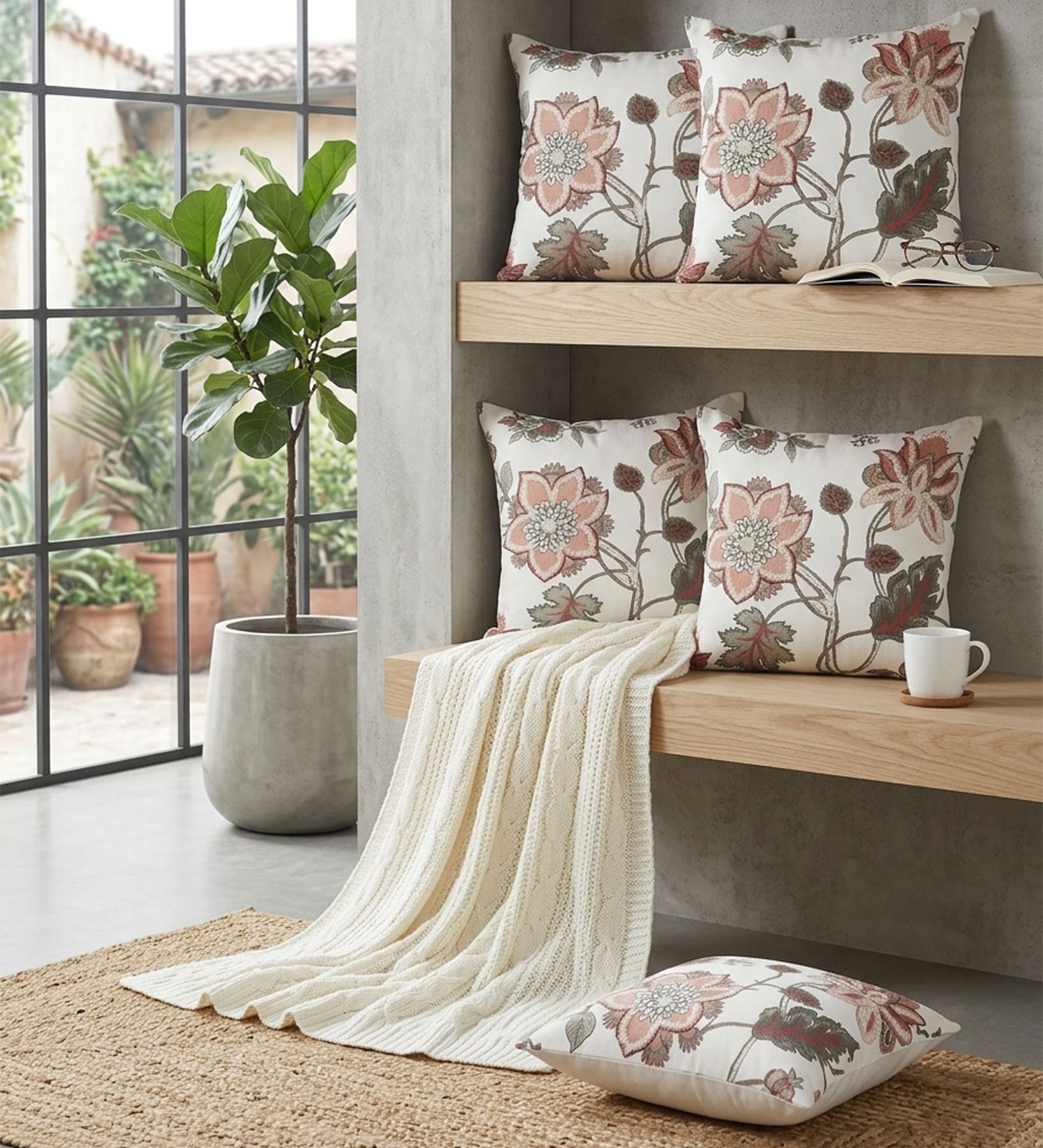 Set of 5 Elegant Botanical Floral Throw Cushion Covers (18x18)