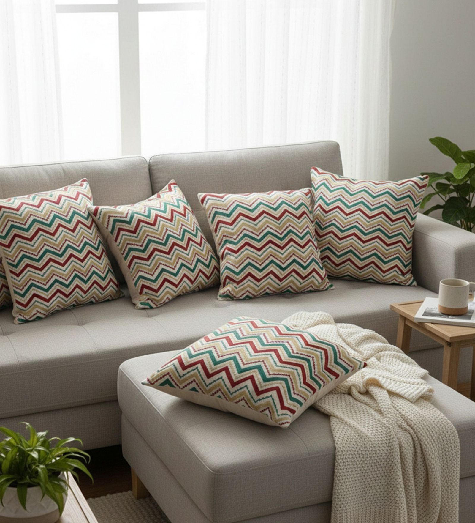 Set of 5 Embroidered Chevron Throw Cushion Covers (18x18)