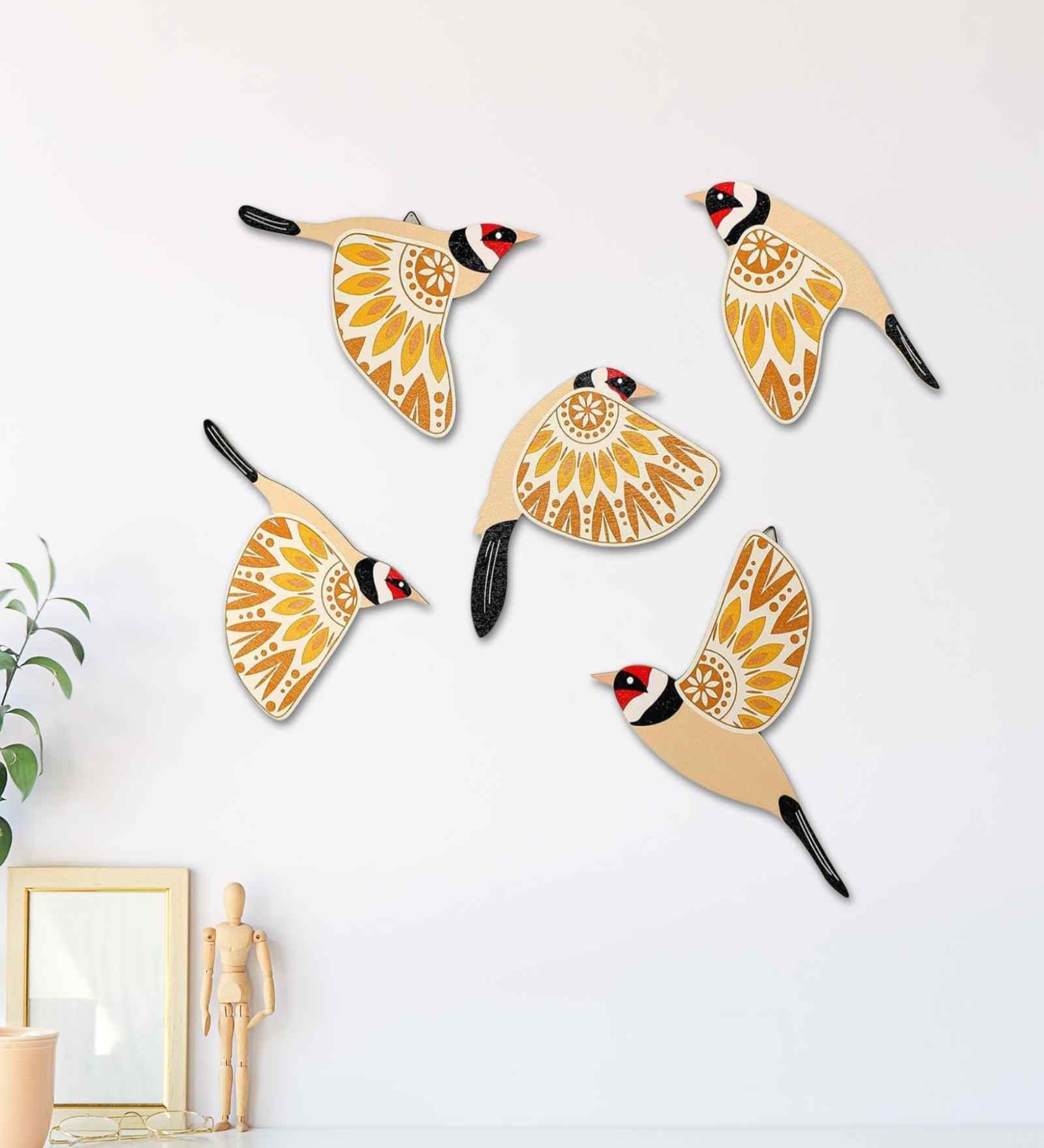 Set of 5 Flying Sparrow Bird Decorative Wooden Wall Hanging Decor