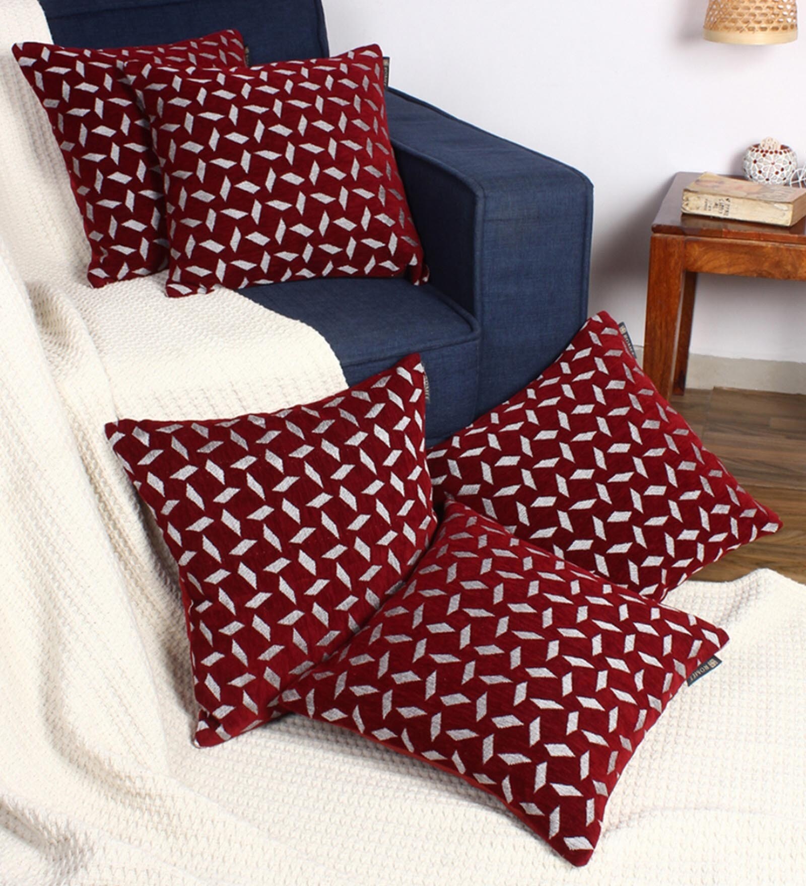 Maroon Velvet Geometric 16x16 inches Cushion Cover (5Pc)