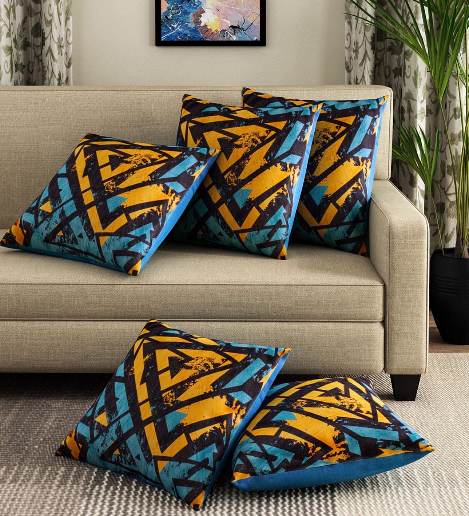 Blue and Yellow Velvet Floral 16x16 inches Cushion Cover (5Pc)