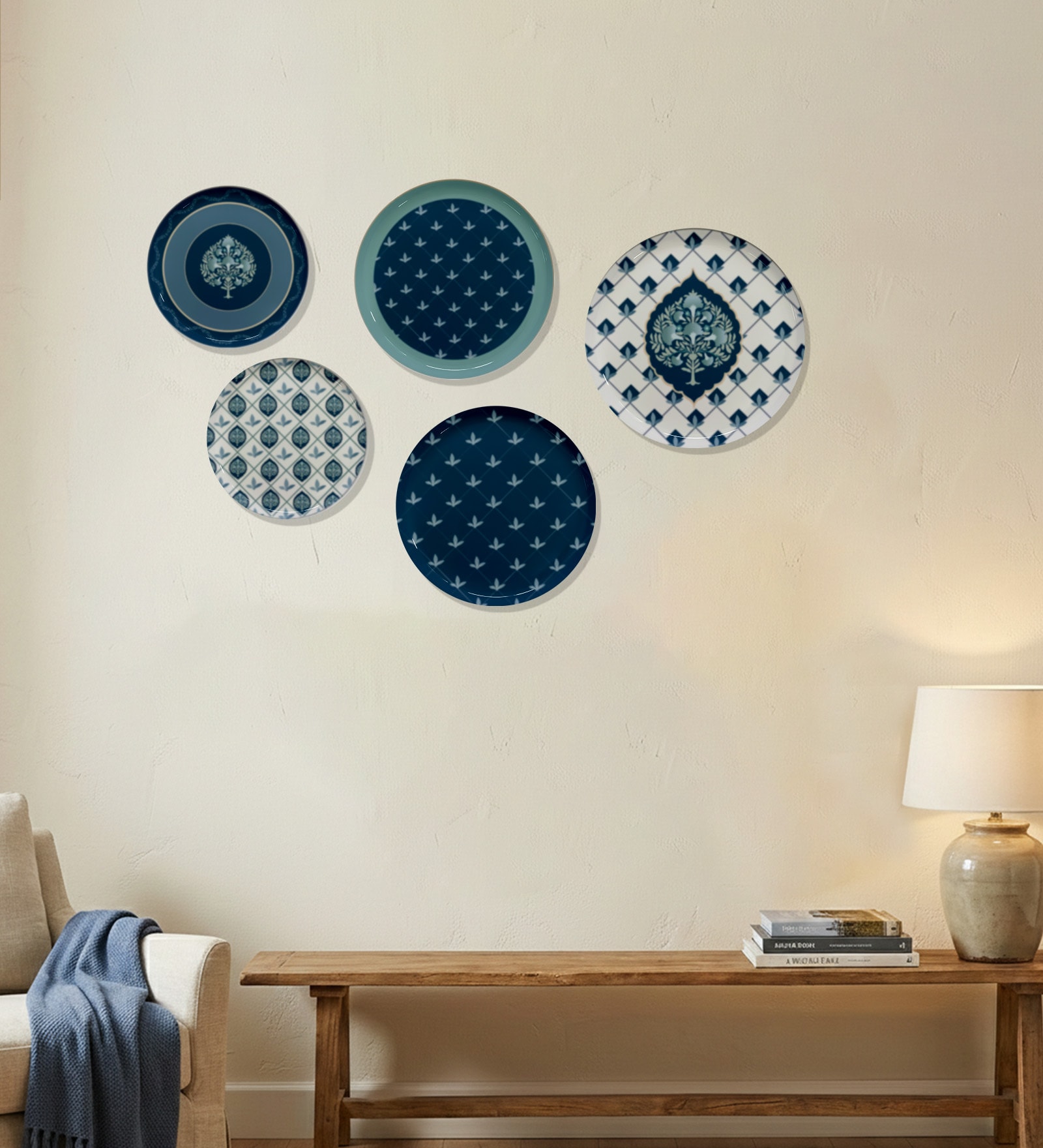 Set of 5 Indigo Medallion Metallic Wall Plates