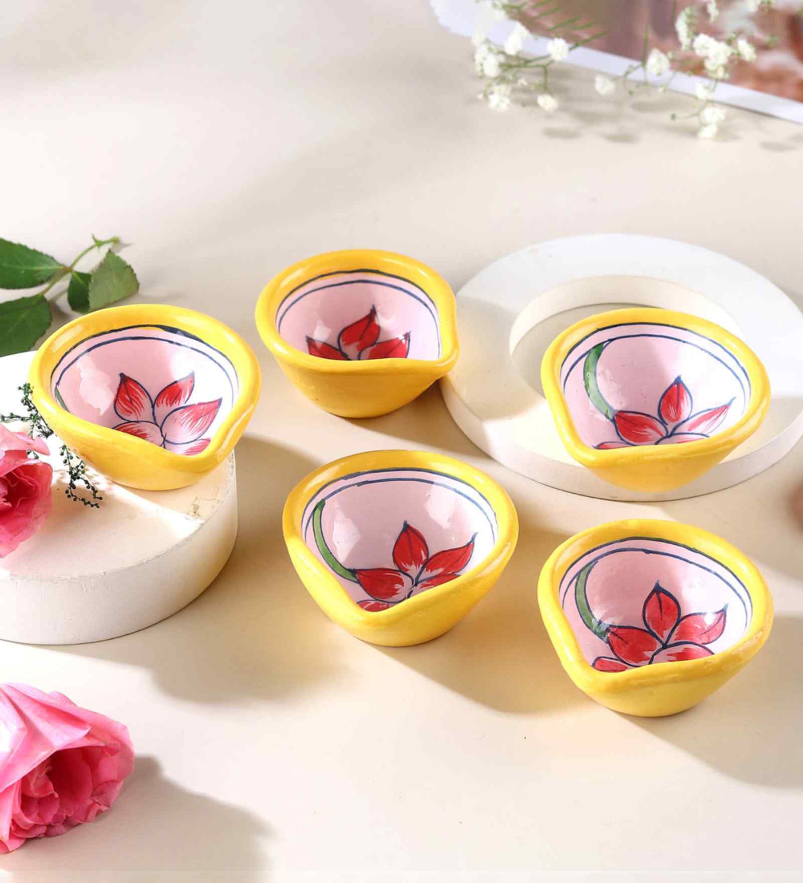Set Of 5 Multicolor Ceramic Handcrafted Printed Mitti Diya Gifting Set