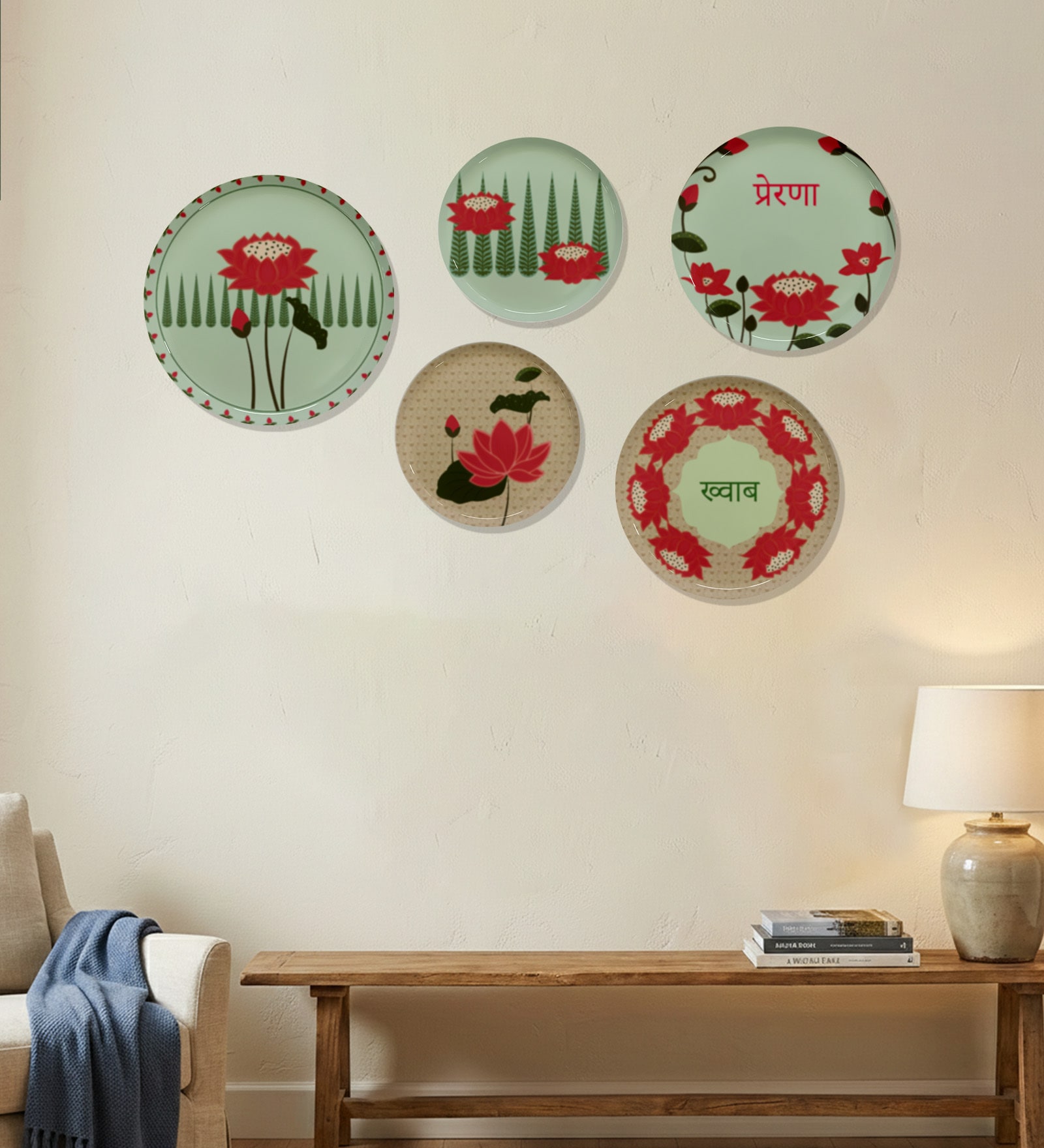 Set of 5 Pastel Lotus Garden Metallic Wall Plates