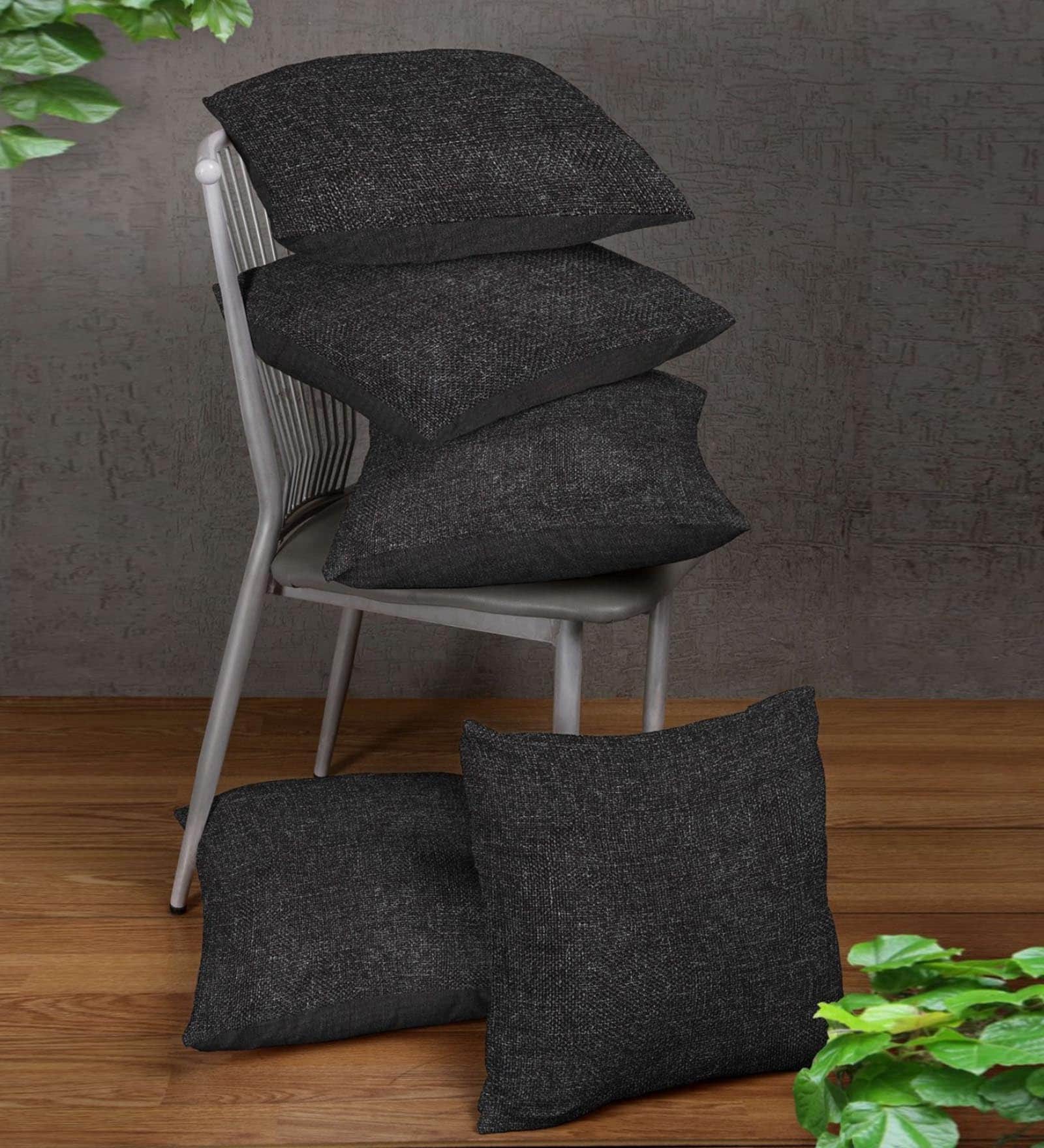 Black Jute Solid 16x16 inches Cushion Cover (5Pc)