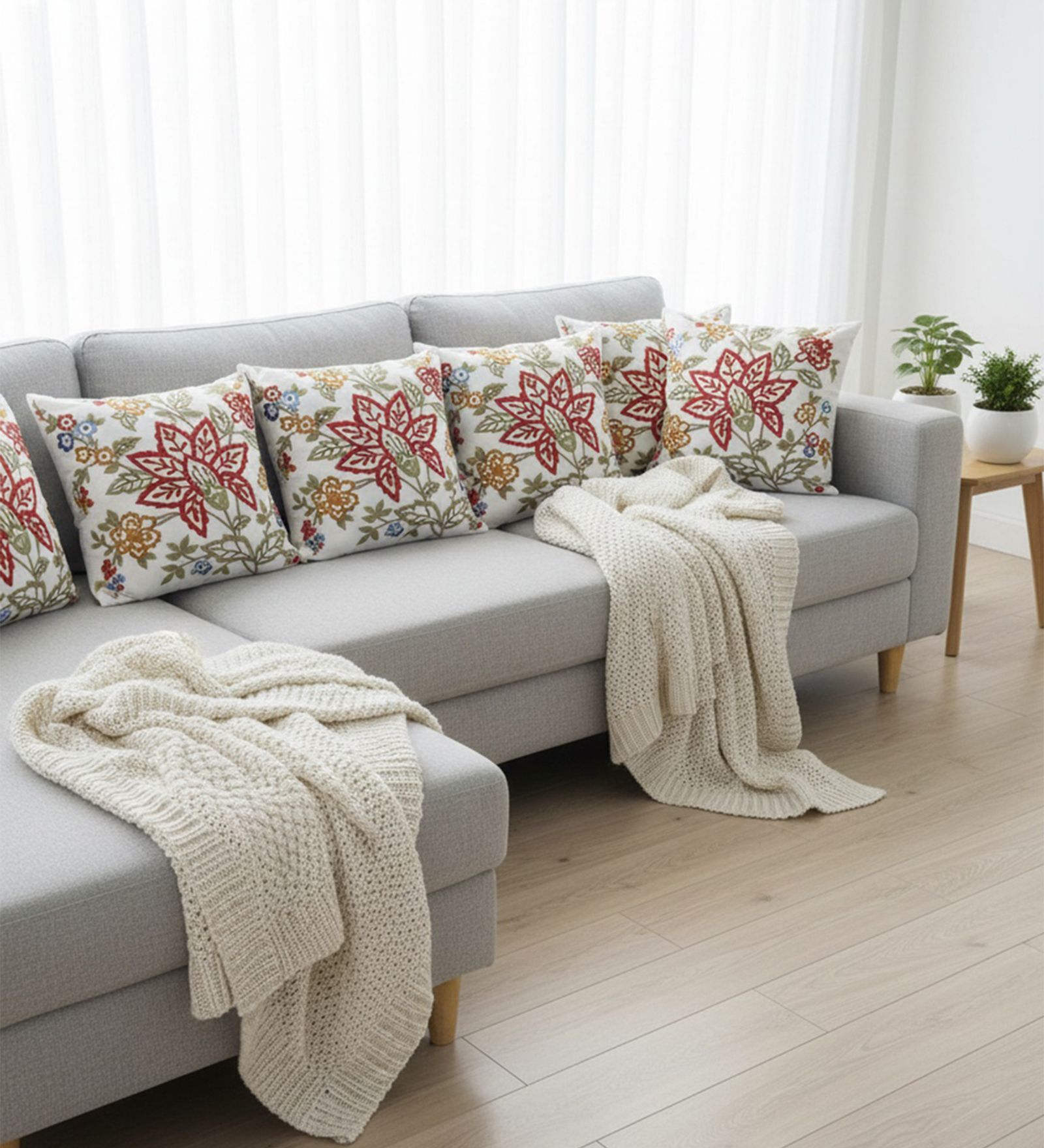 Set of 5 Rich Embroidered Floral Throw Cushion Covers (18x18)