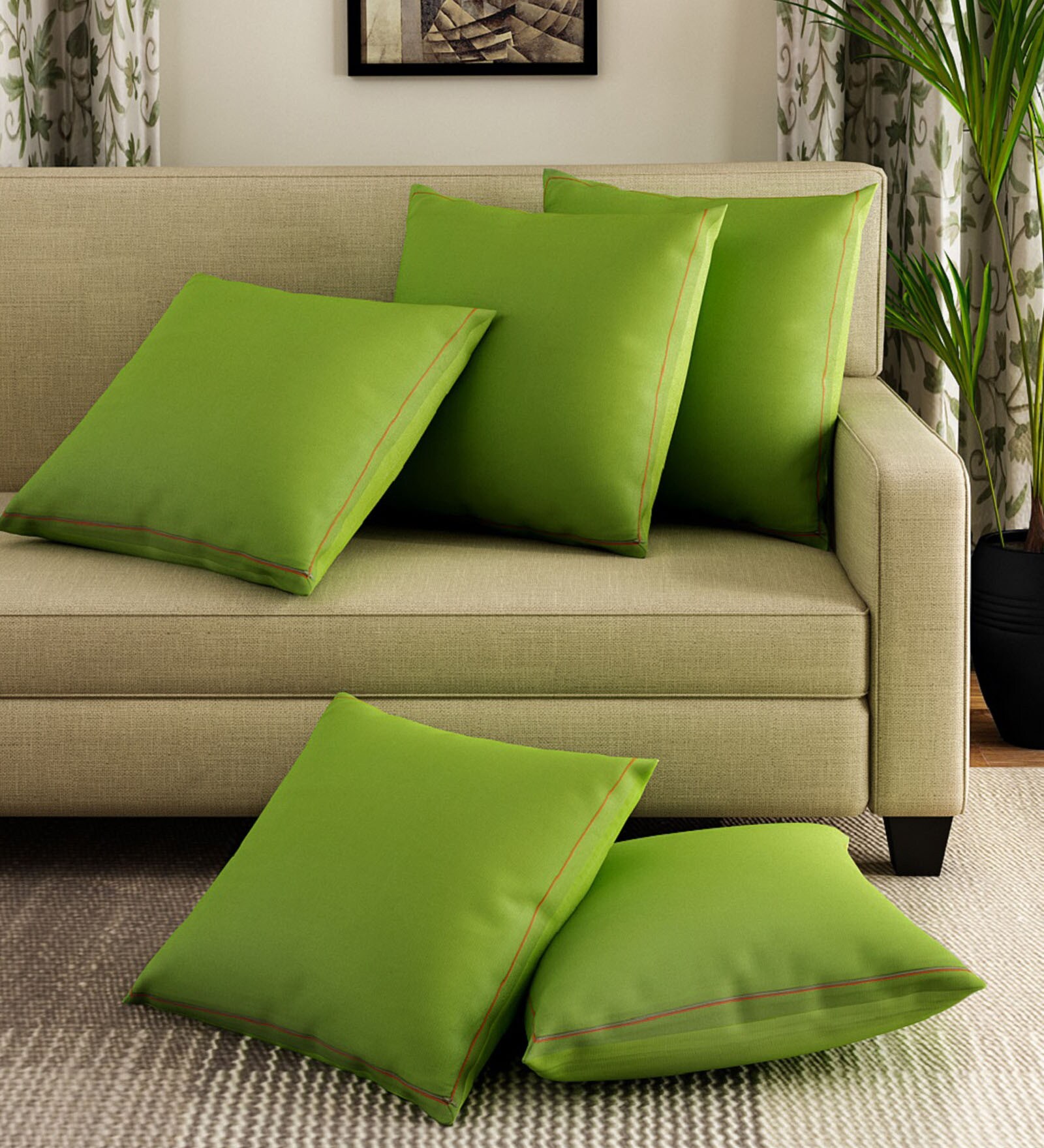 Green Solid Cotton 24 x 24 Inches Cushion Covers (Set of 5)