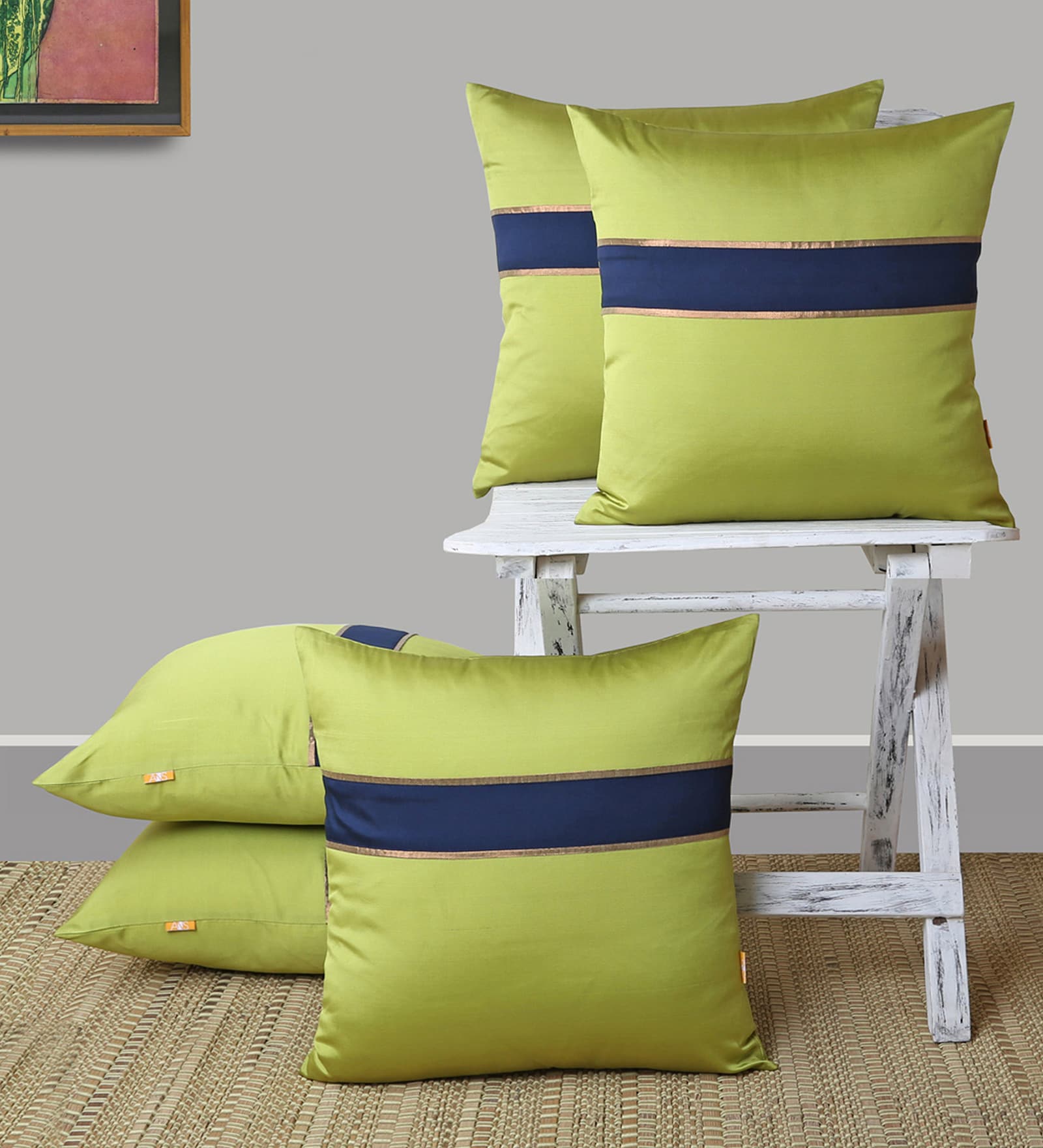 Green Striped Silk 16 x 16 Inches Cushion Covers (Set of 5)