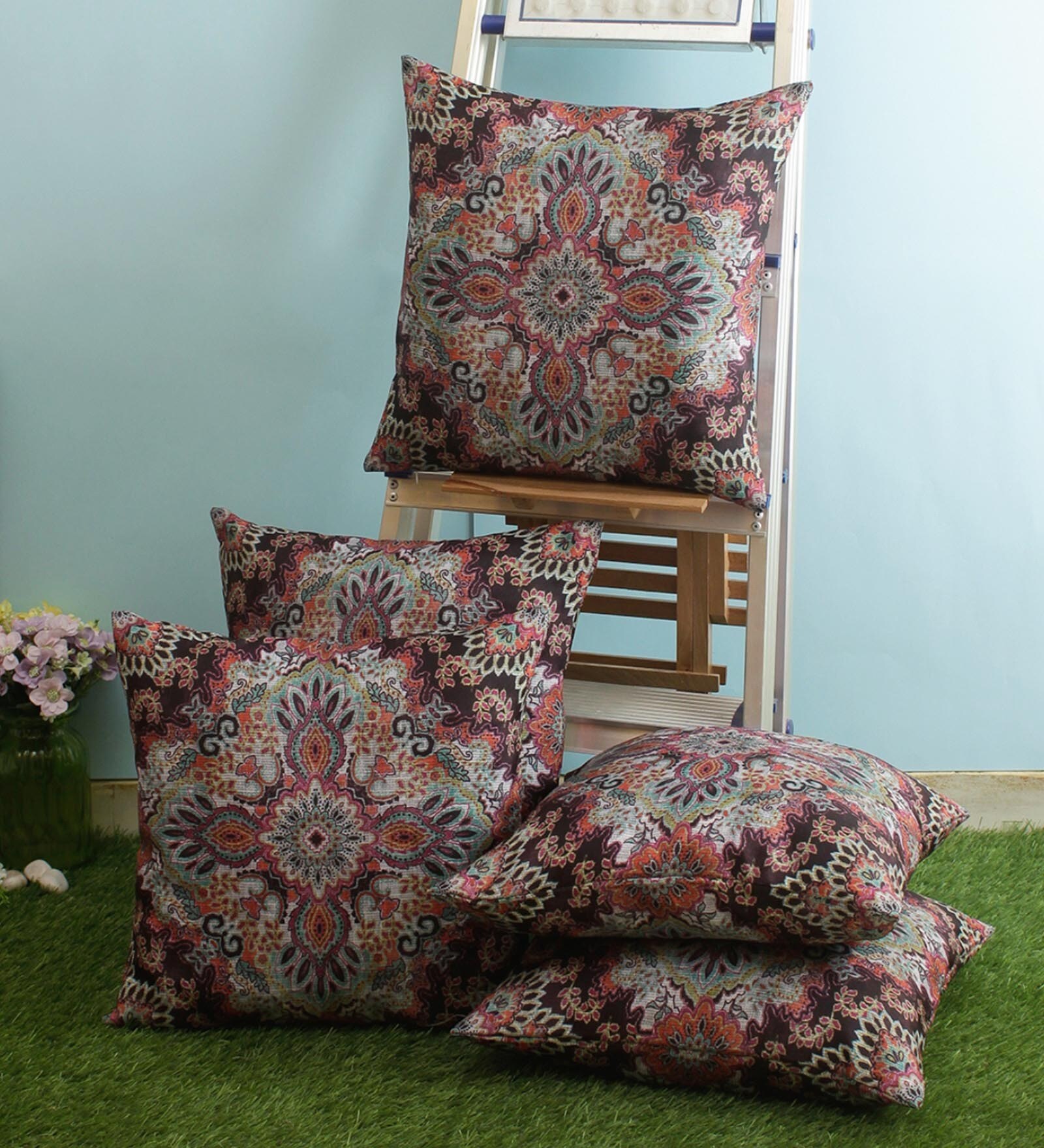 Multicolour Polyester Ethnic Motif 16x16 inches Cushion Cover (5Pc)