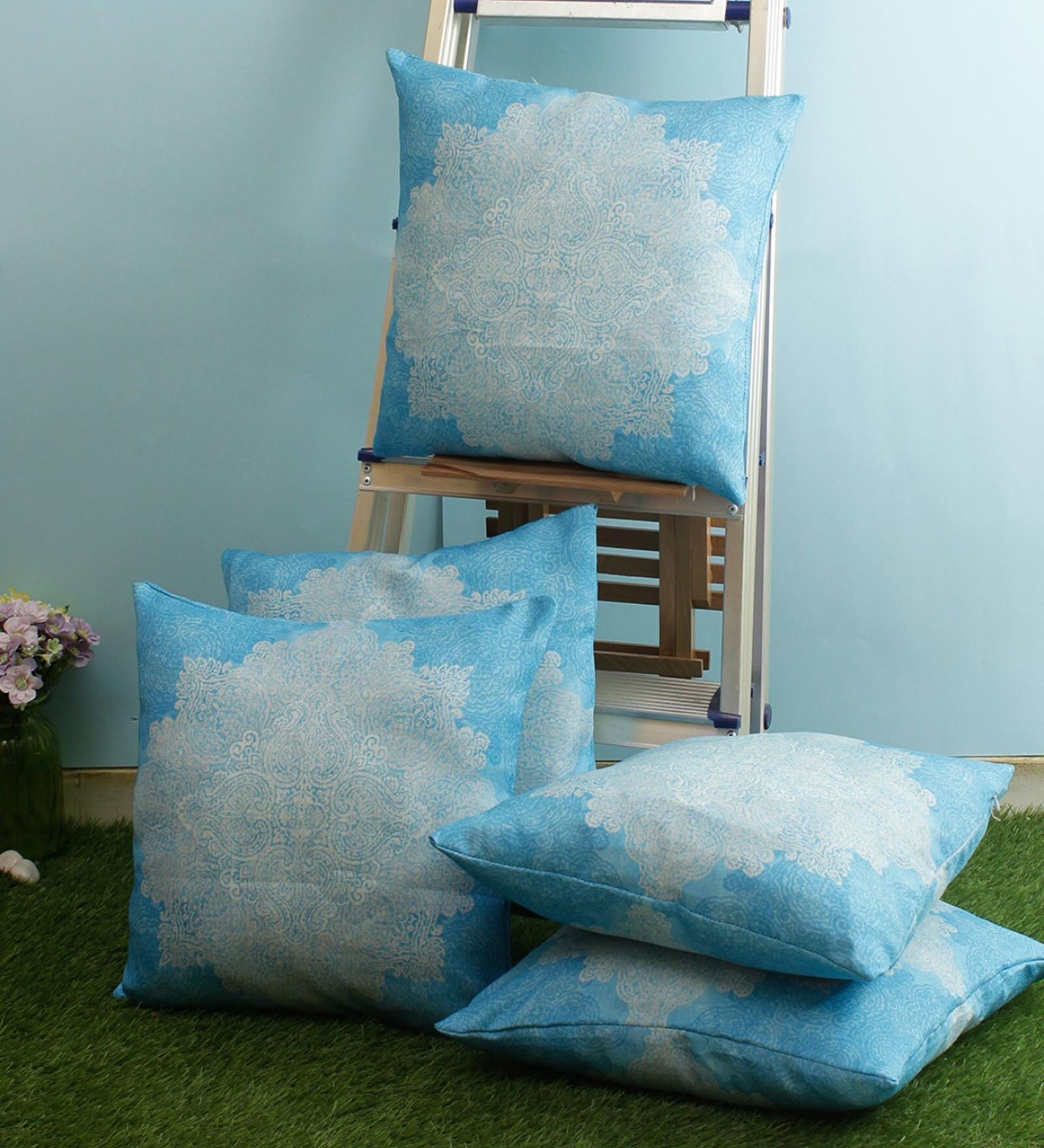 Turquoise Polyester Ethnic Motif 16x16 inches Cushion Cover (5Pc)