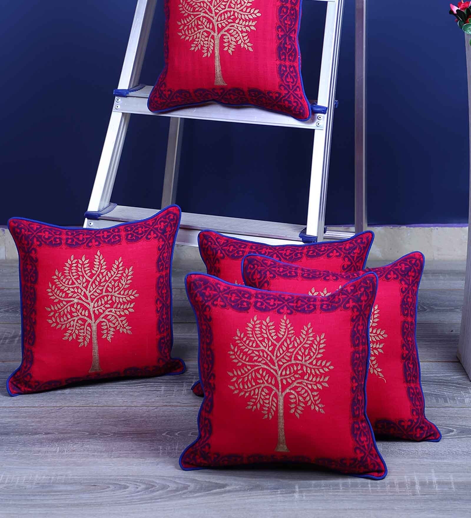 Pink Floral Cotton 12 x 12 Inches Cushion Covers (Set of 5)
