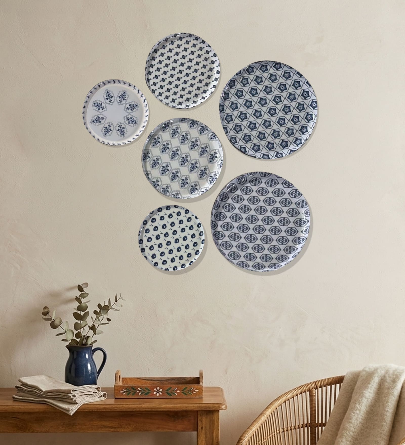 Set of 6 Blue & White Geometric Metallic Wall Plates