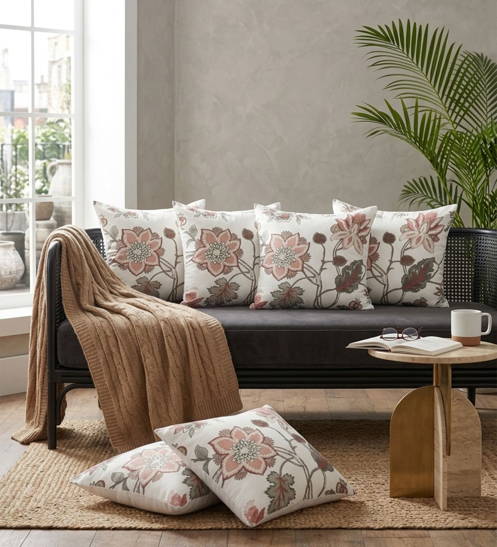 Set of 6 Elegant Botanical Floral Throw Cushion Covers (18x18)