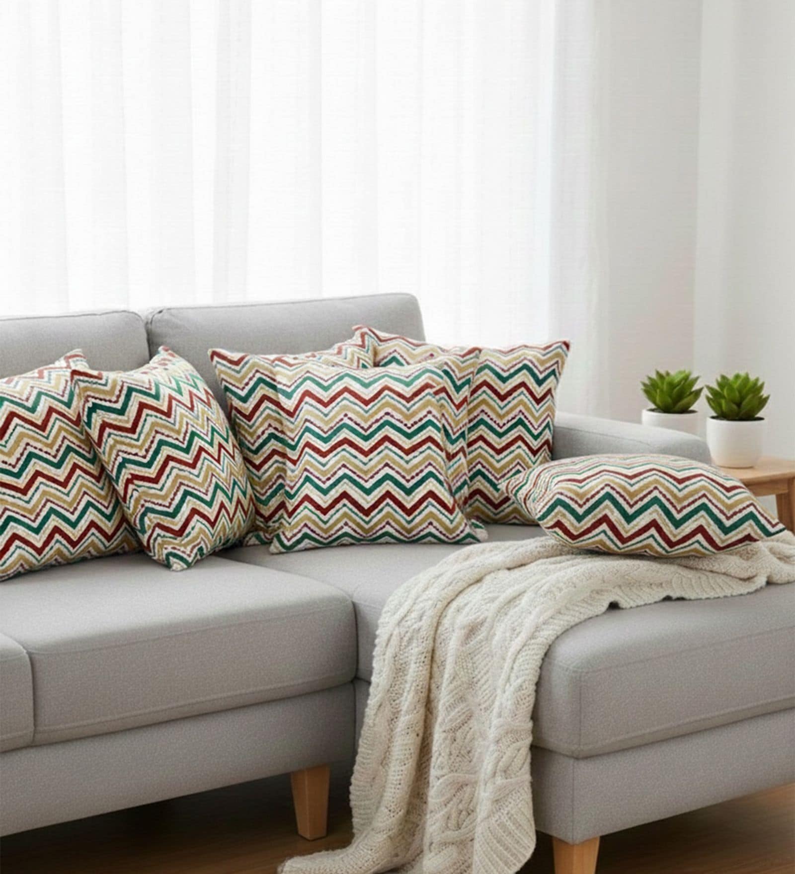 Set of 6 Embroidered Chevron Throw Cushion Covers (18x18)