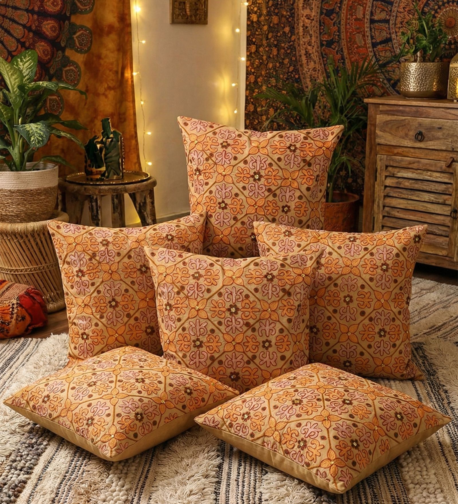 Set of 6 Embroidered Floral Lattice Throw Cushion Covers (18x18)