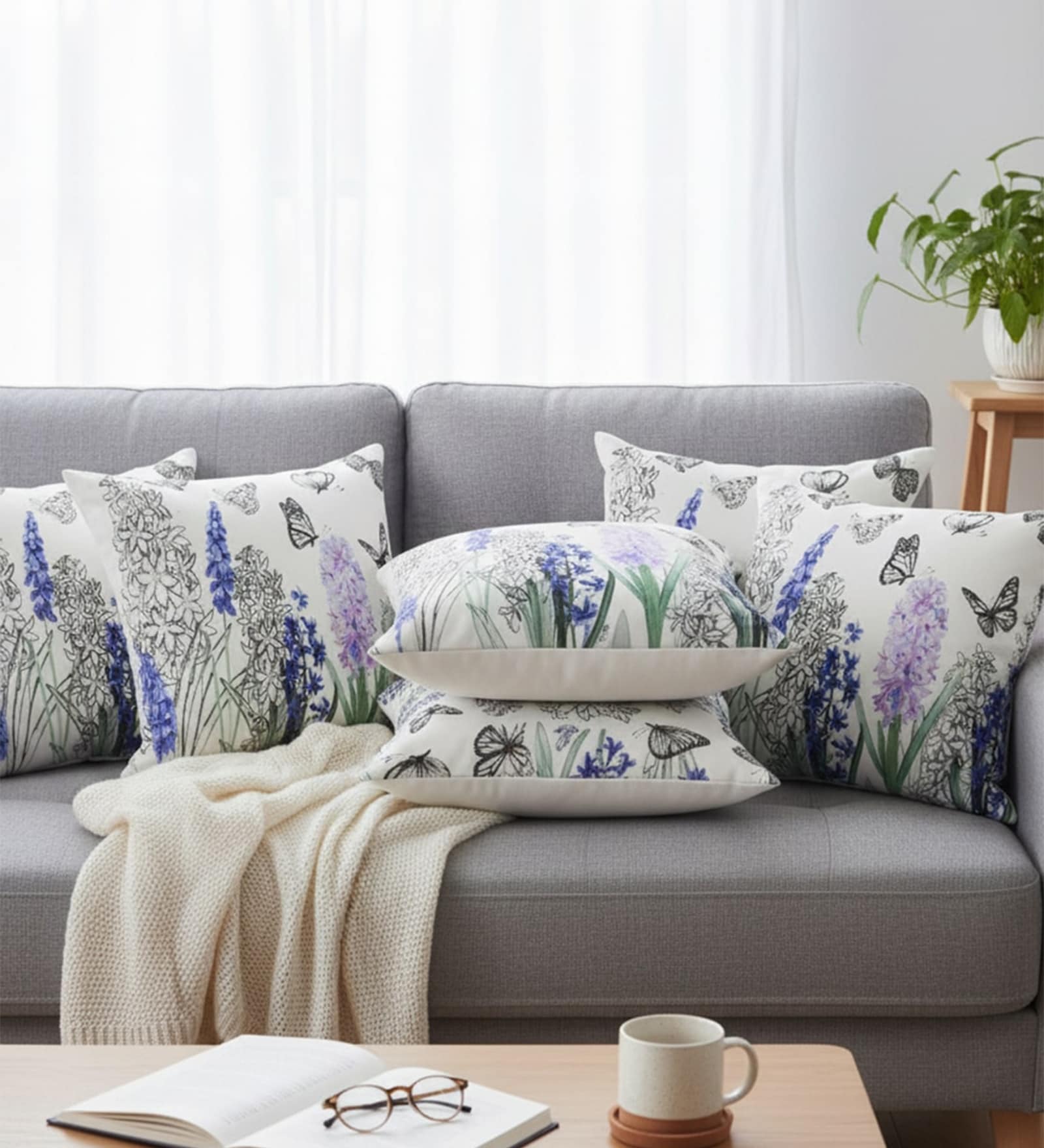 Set of 6 Hand-Sketched Floral & Butterfly Throw Cushion Covers (18x18)