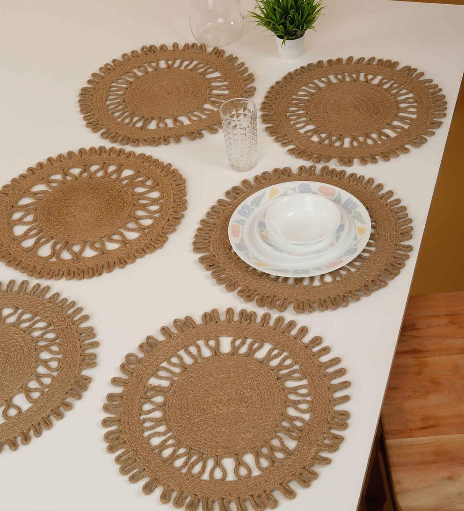 Set of 6 Jute Material Geometric Reversible Table Runners