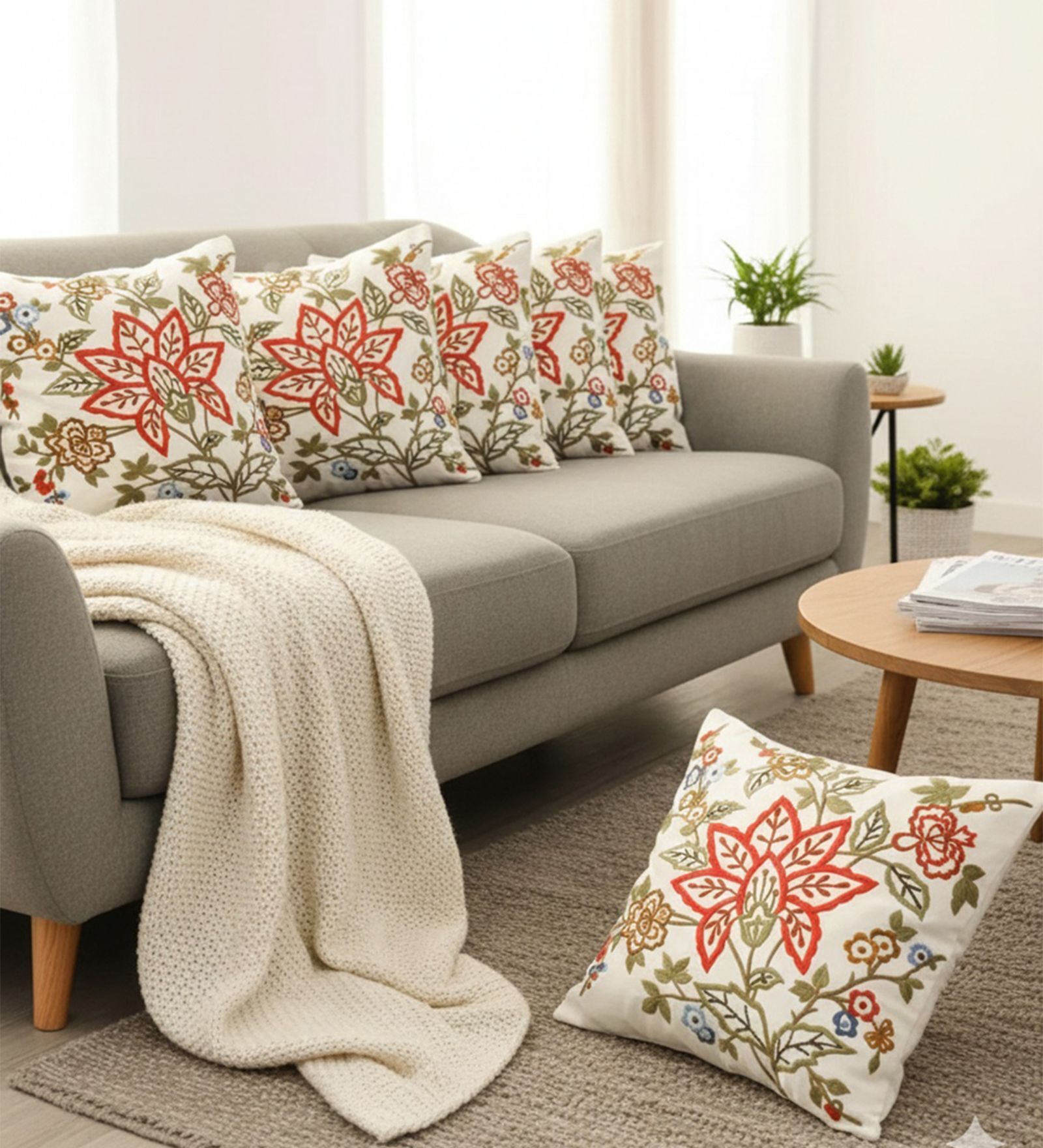 Set of 6 Rich Embroidered Floral Throw Cushion Covers (18x18)