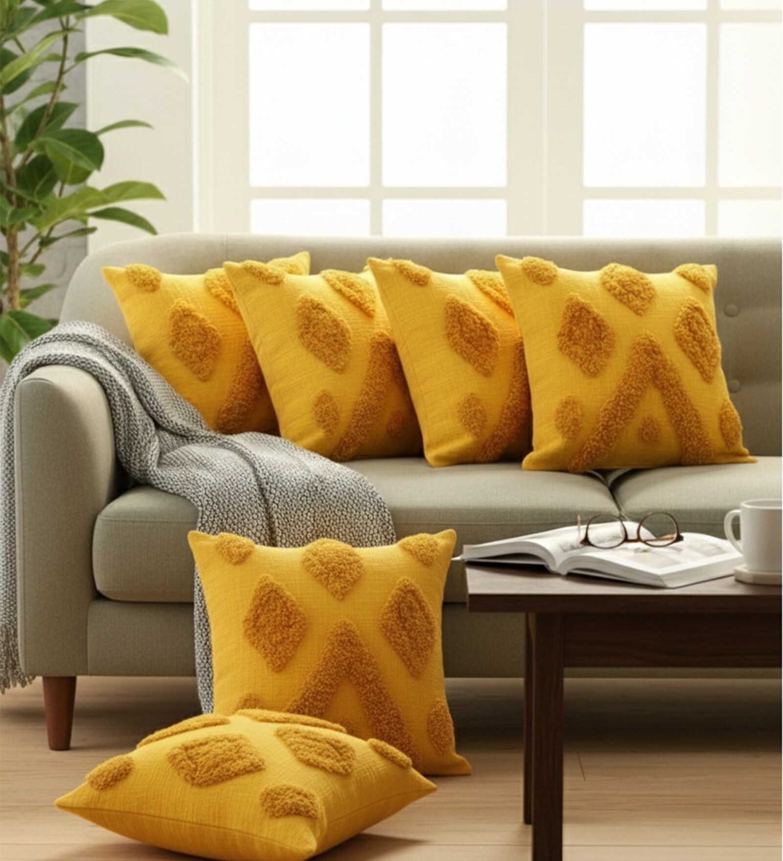 Set of 6 Sunny Yellow Tufted Throw Cushion Covers (18x18)