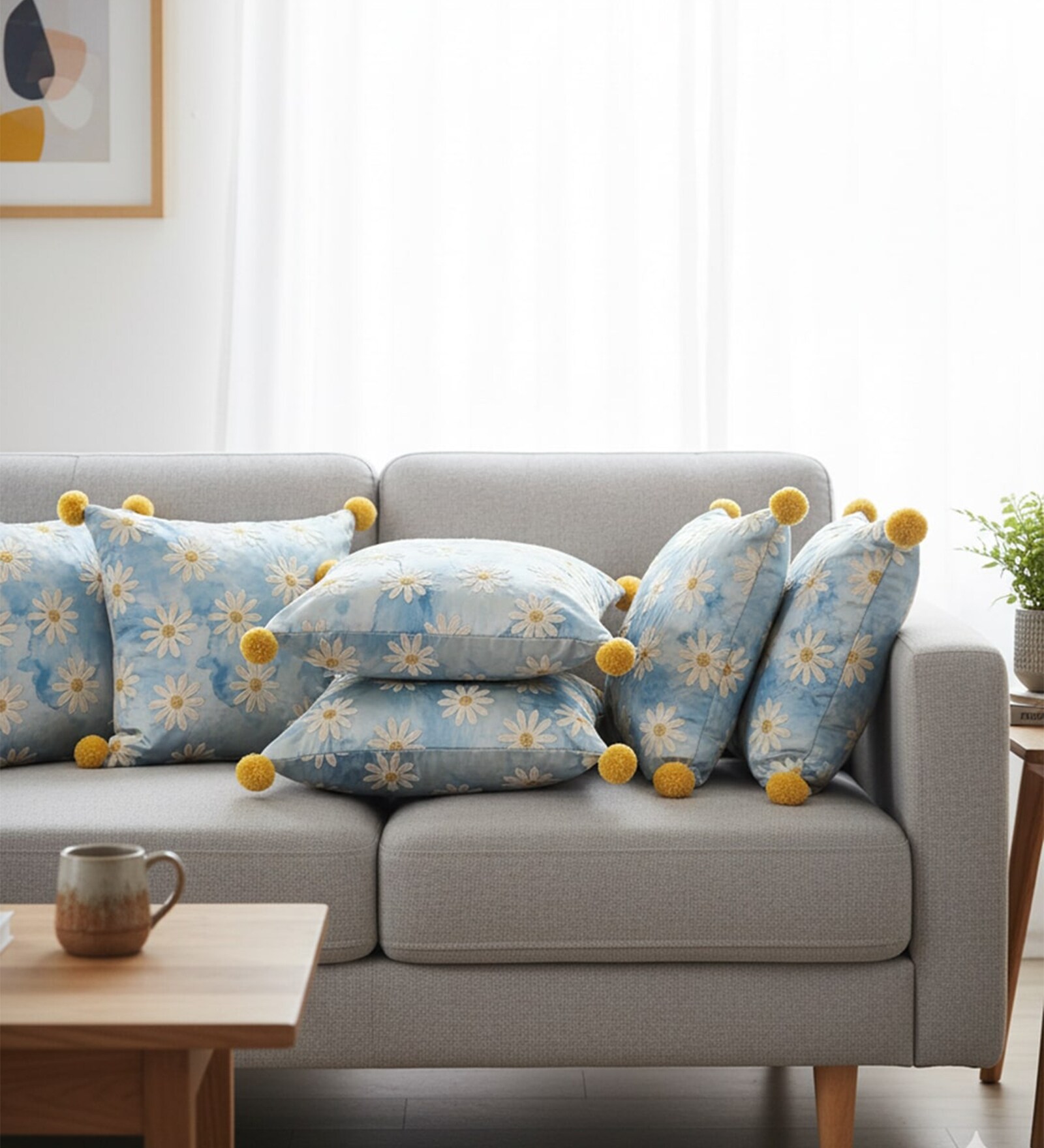 Set of 6 Whimsical Daisy Embroidered Throw Cushion Covers (18x18)