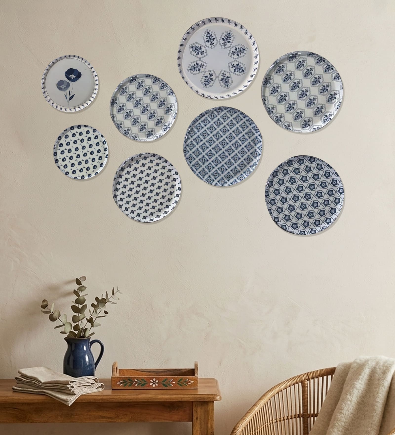 Set of 8 Blue & White Geometric Metallic Wall Plates