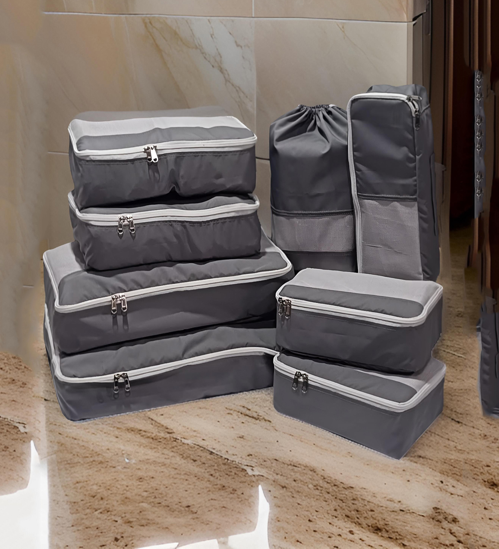 Set of 8 Grey Nylon Cloth Packing Bag Storage Pouch