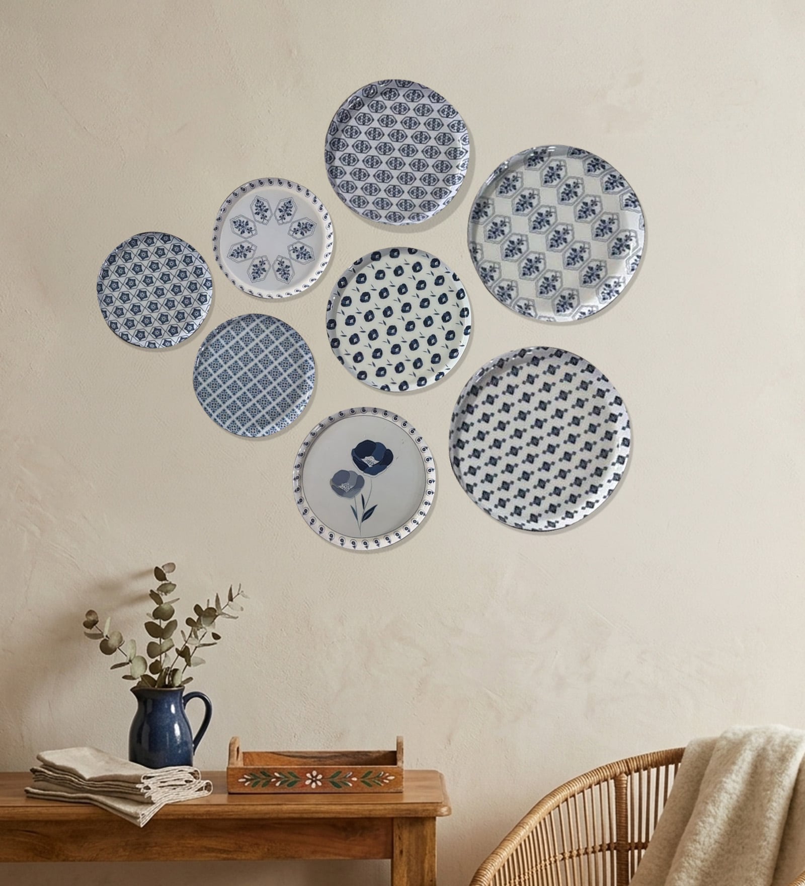 Set of 8 Indigo Pattern Metallic Wall Plates