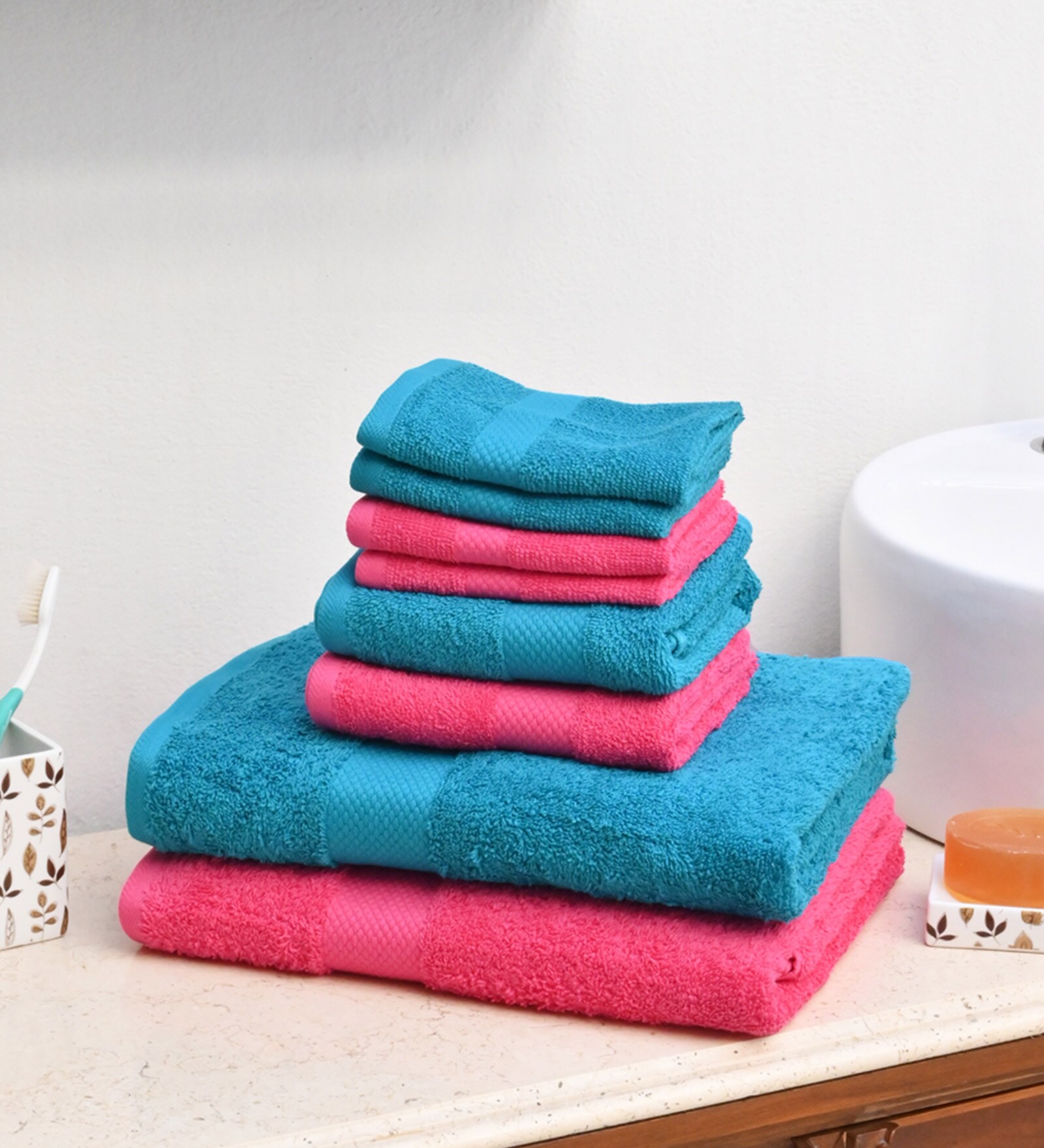 Pink Solid 500 GSM Cotton Towel Sets (Set of 8)
