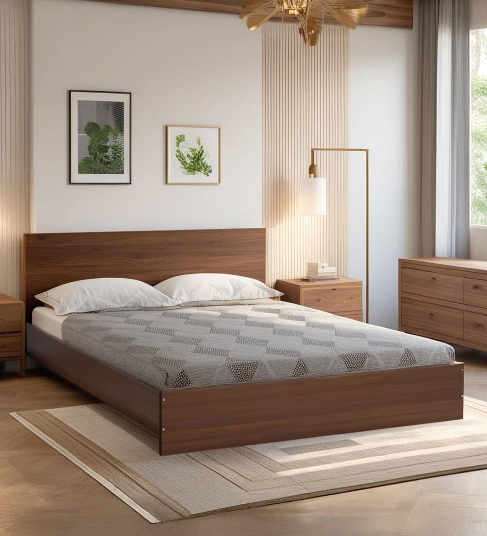Seto King Size Bed in Planked Walnut Finish