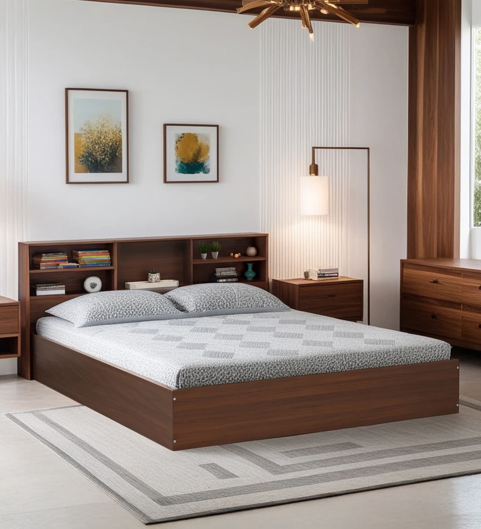 Seto King Size Bed in Planked Walnut Finish with Box Storage & Headboard Storage Seto King Size Bed in Planked Walnut Finish with Box Storage & Headboard Storage
