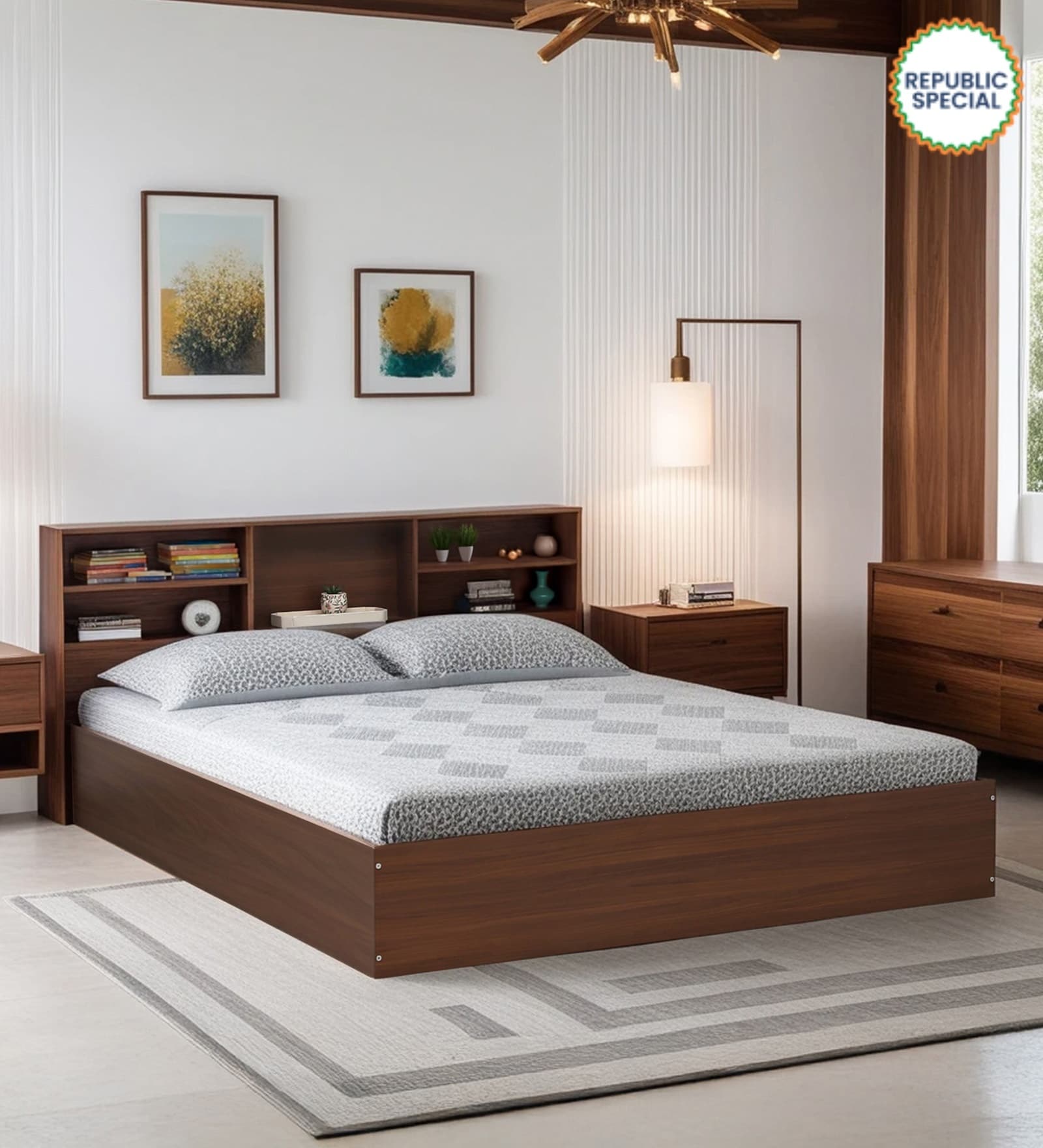 Seto Queen Size Bed in Planked Walnut finish with Box Storage & Headboard Storage Seto Queen Size Bed in Planked Walnut finish with Box Storage & Headboard Storage