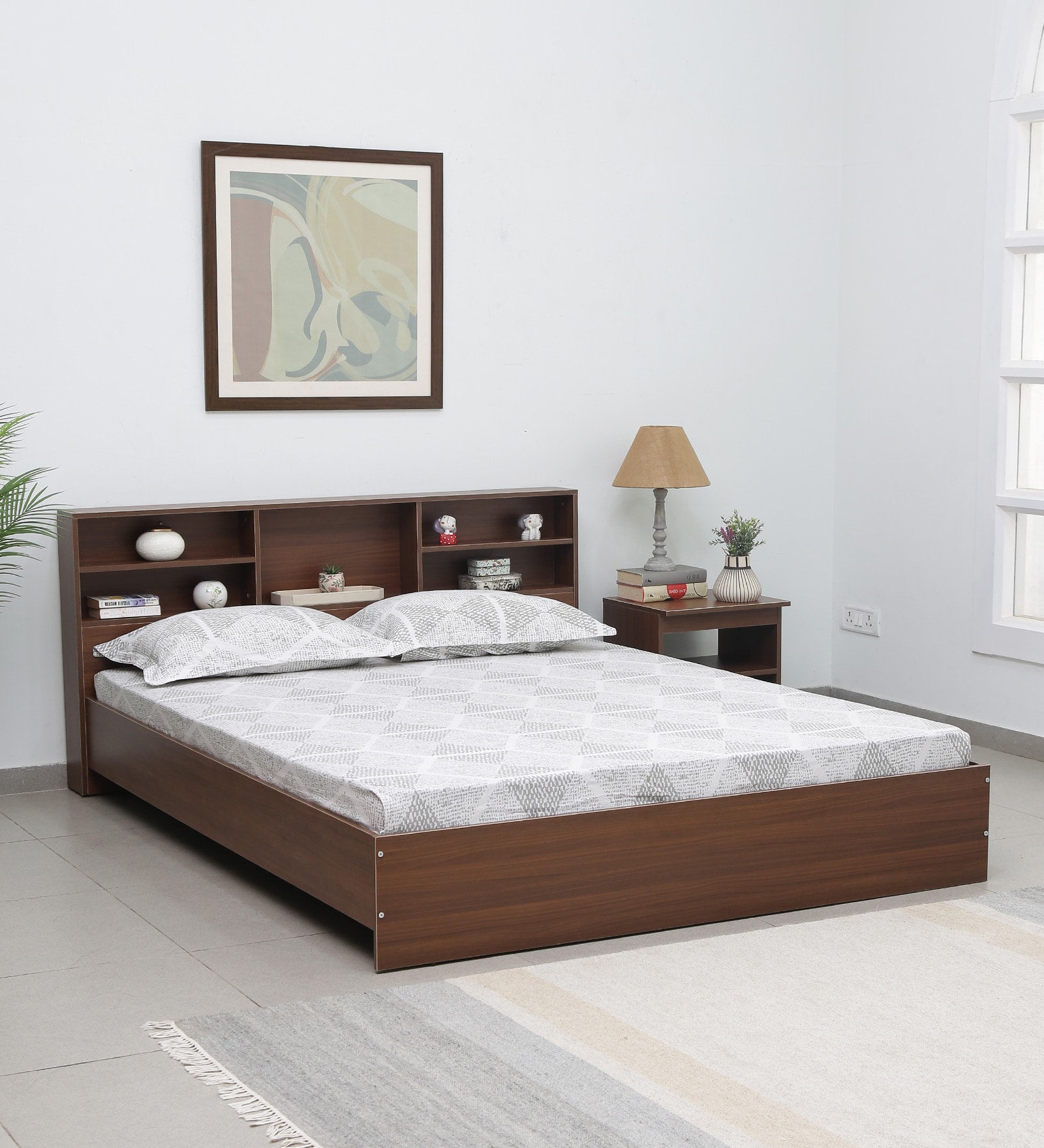 Seto Queen Size Bed in Planked Walnut Finish with Headboard Storage Seto Queen Size Bed in Planked Walnut Finish with Headboard Storage