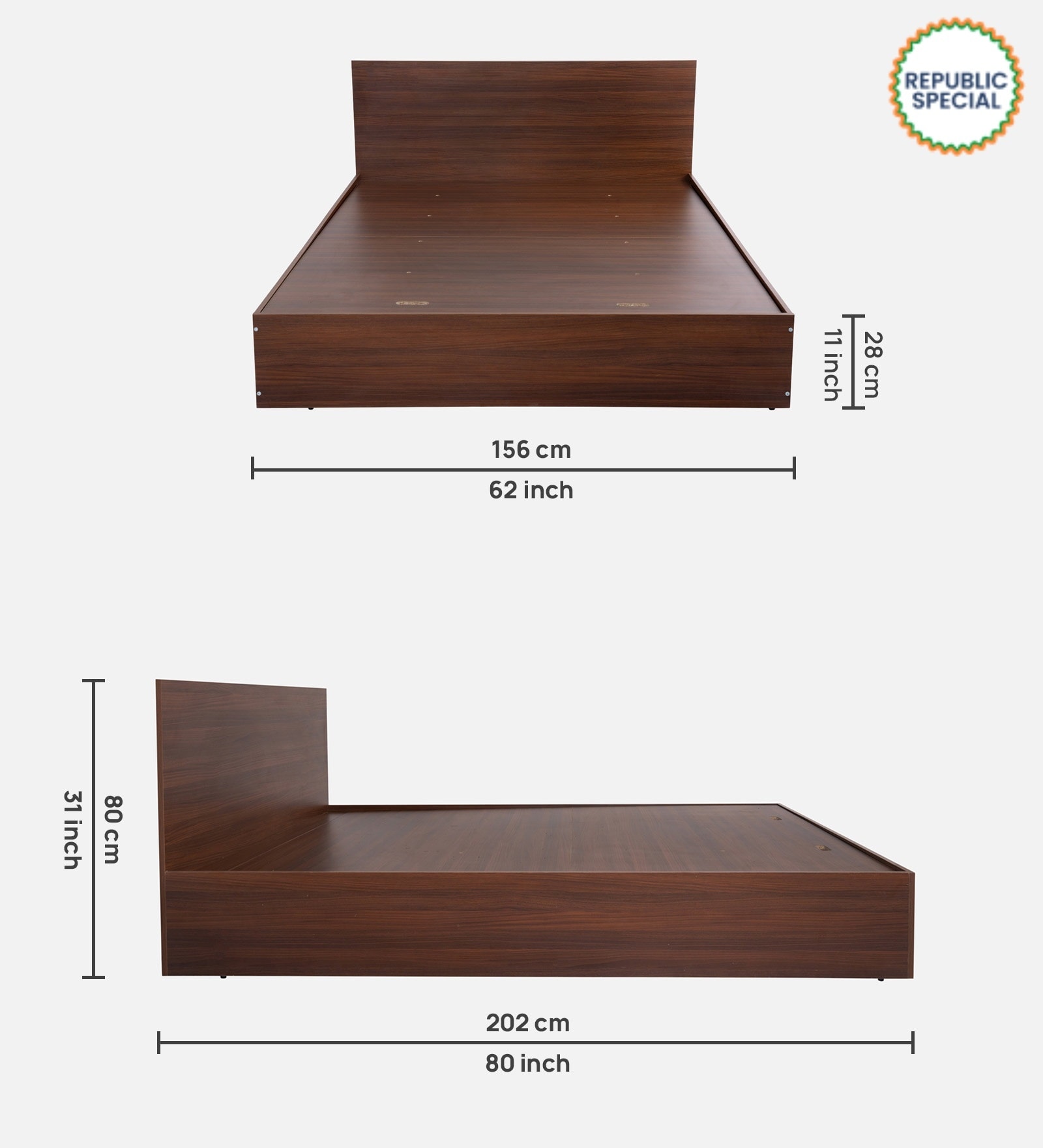 Seto Queen size Bed in Planket Walnut Finish With Hydraulic Box Storage