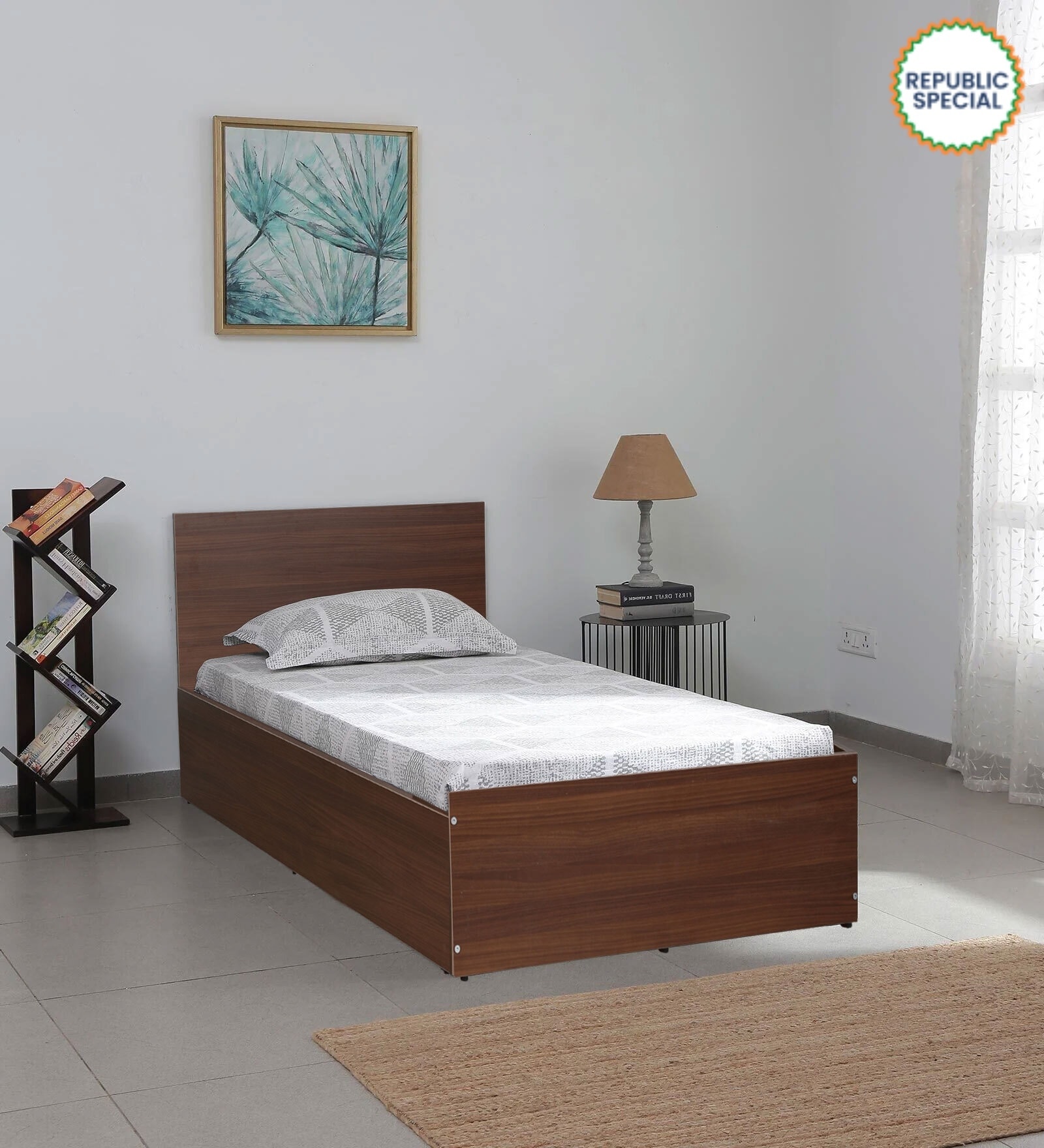 Seto Single Bed in Planked Walnut Finish with Box Storage Seto Single Bed in Planked Walnut Finish with Box Storage