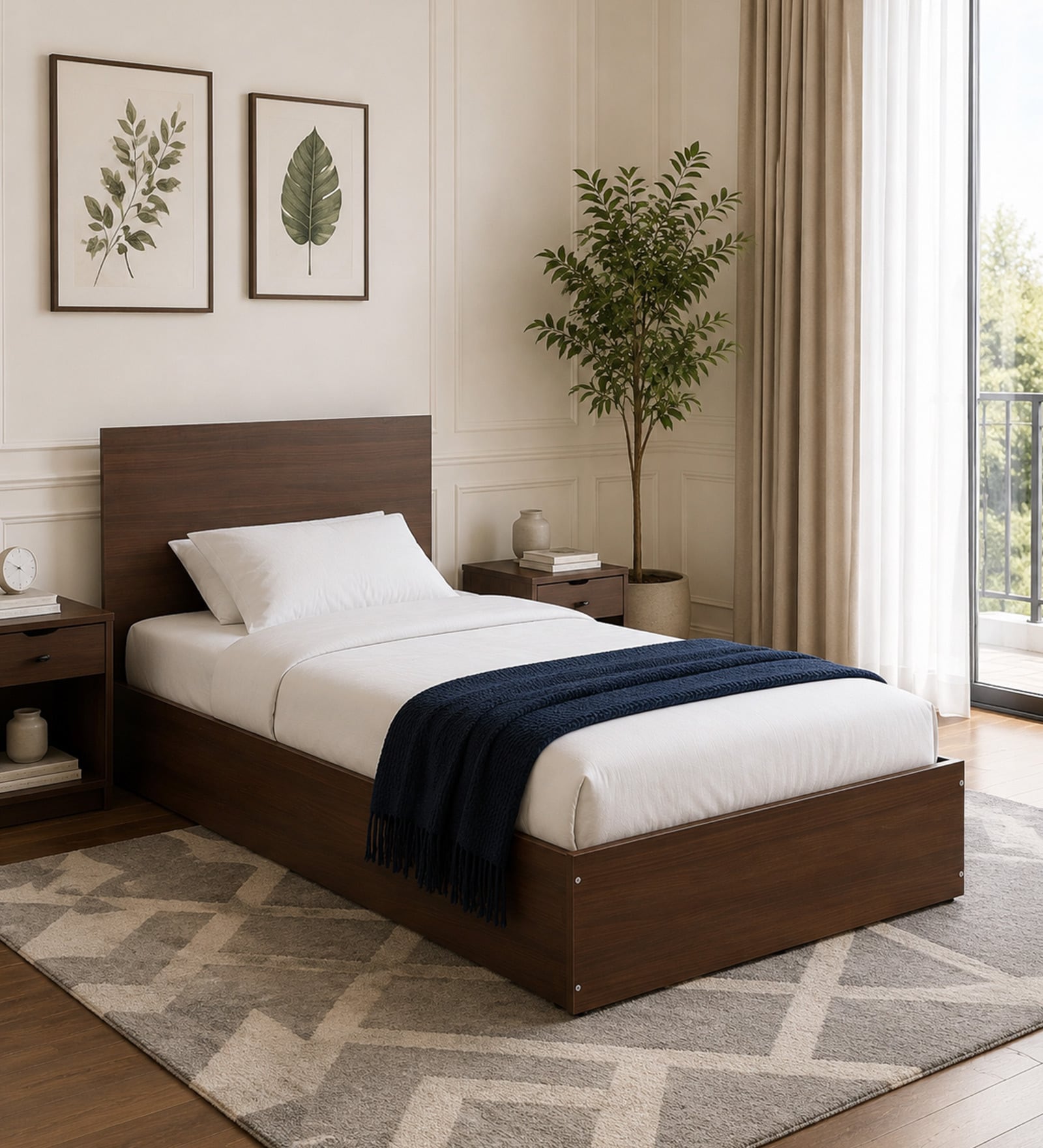 Seto Single Bed in Planked Walnut Finish with Box Storage Seto Single Bed in Planked Walnut Finish with Box Storage
