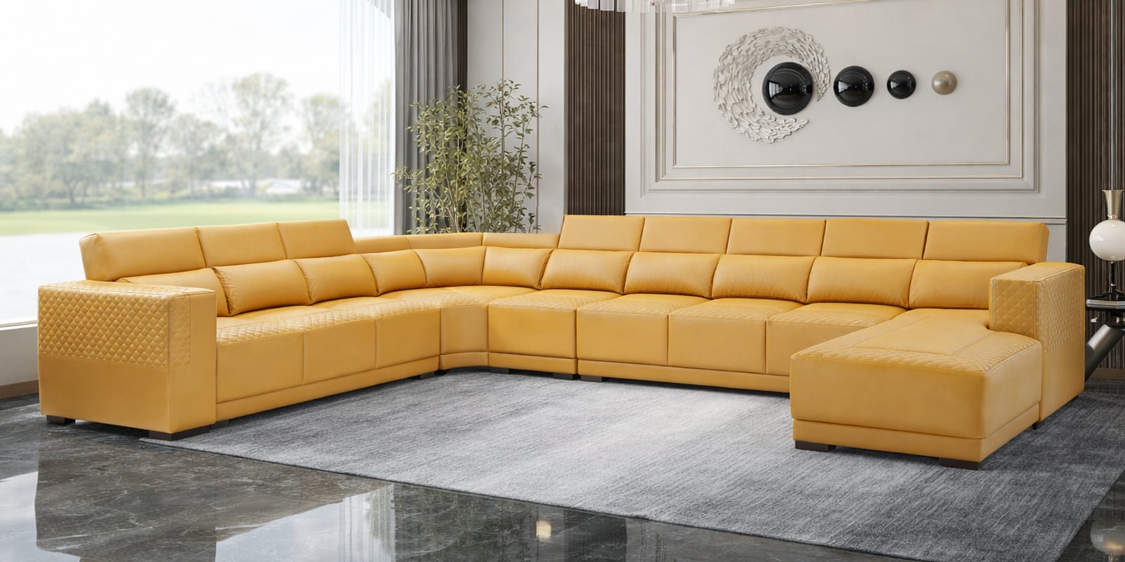 Seranova Leatherette Corner Sofa With Adjustable Headrests in Mustard Yellow Colour