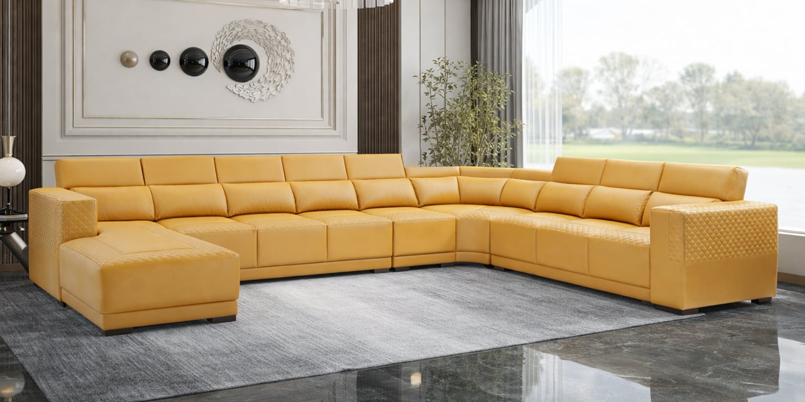 Seranova Leatherette Corner Sofa With Adjustable Headrests in Mustard Yellow Colour