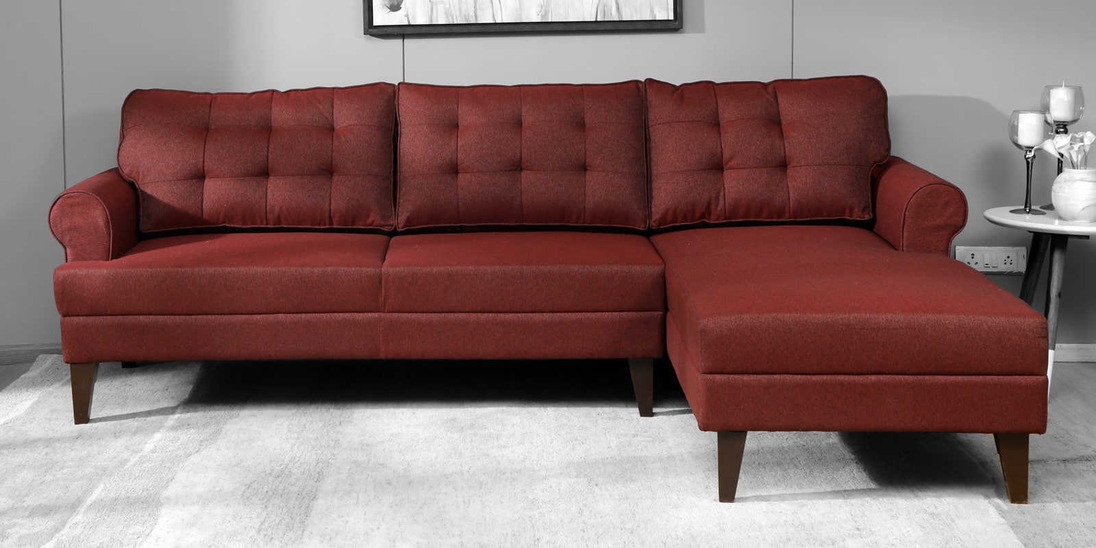 Serena Fabric LHS Sectional Sofa (3 + Lounger) In Garnet Red Colour