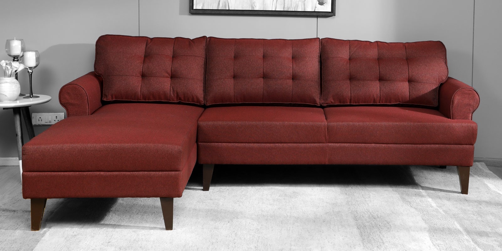 Serena Fabric RHS Sectional Sofa (3 + Lounger) in Garnet Red Colour