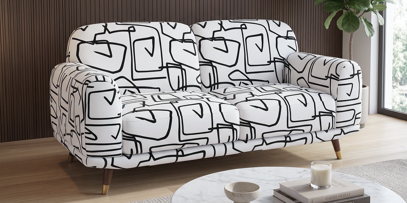 Serenee Abstract Linear 2 Seater Polyester Upholstered Sofa In White And Black Colour Serenee Abstract Linear 2 Seater Polyester Upholstered Sofa In White And Black Colour