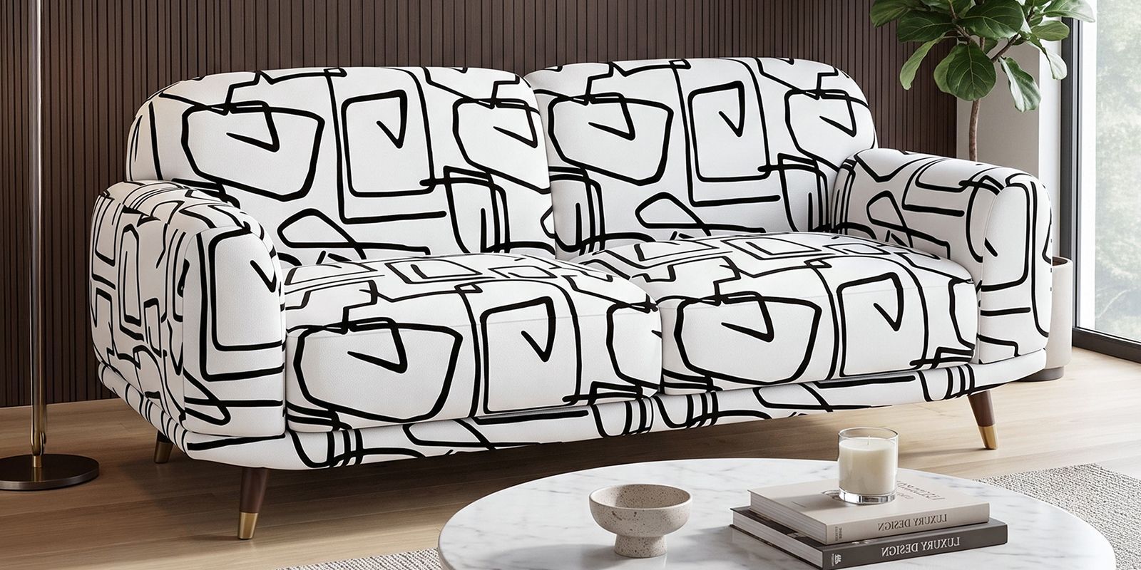 Serenee Abstract Linear 3 Seater Polyester Upholstered Sofa In White And Black Colour Serenee Abstract Linear 3 Seater Polyester Upholstered Sofa In White And Black Colour
