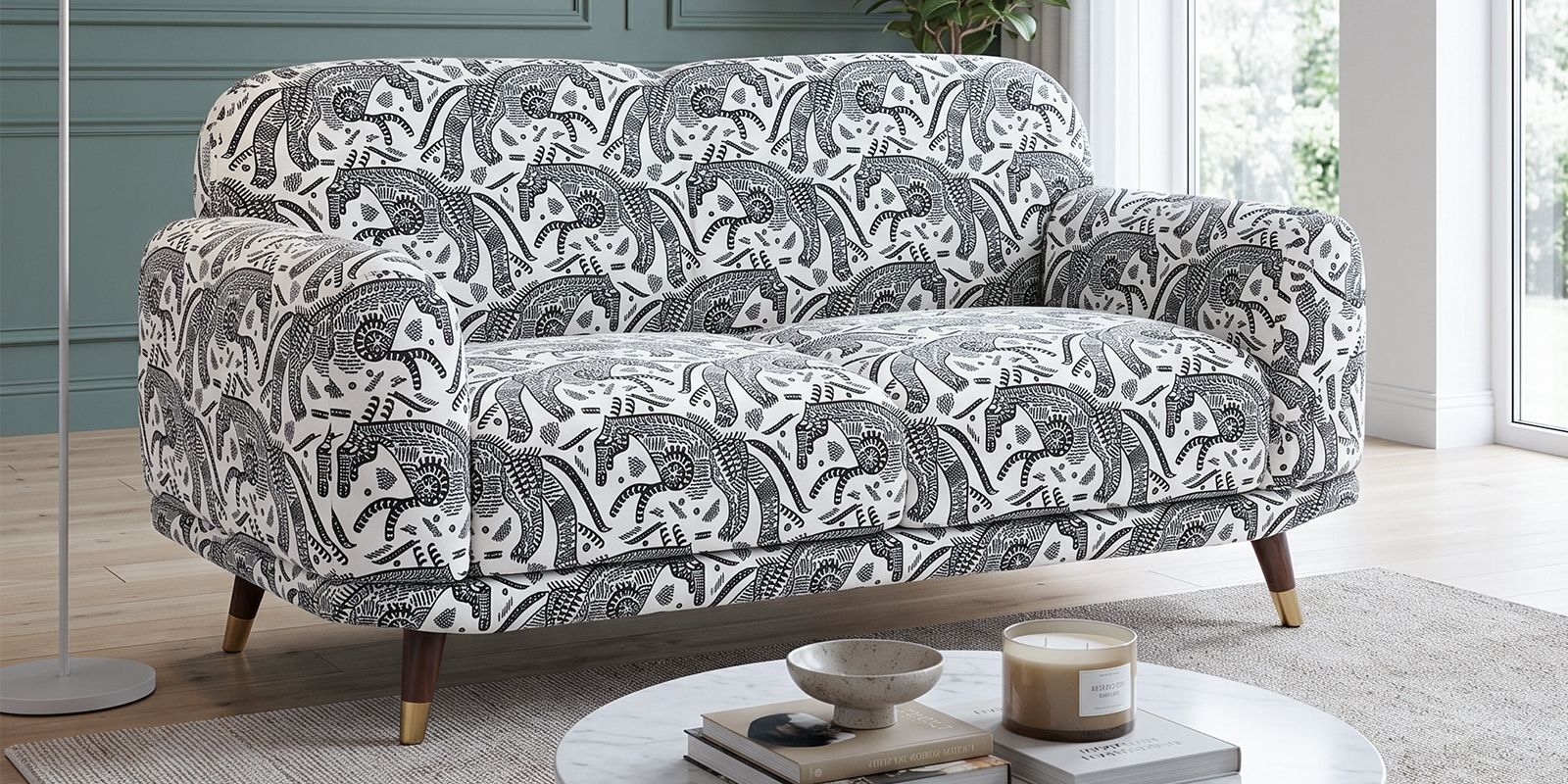 Serenee Safari Sketch 2 Seater  Polyester Upholstered Sofa In White And Black Colour