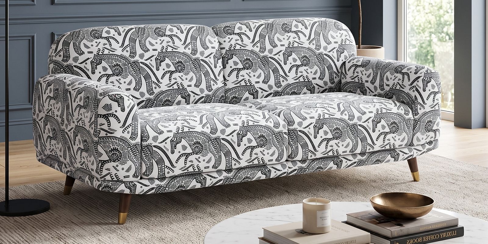 Serenee Safari Sketch 3 Seater Polyester Upholstered Sofa In White And Black Colour Serenee Safari Sketch 3 Seater Polyester Upholstered Sofa In White And Black Colour