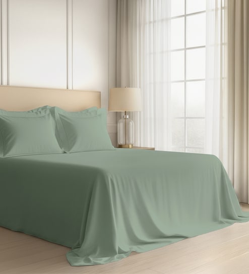 Sea Foam Solid 600 TC Cotton Super King Sized Bedsheet with 4 Pillow Covers