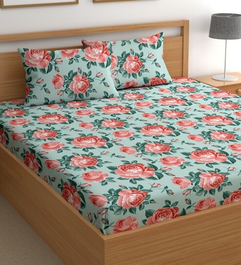 Sea Green 200 TC Floral Cotton Queen Double Bedsheet 2 Pillow covers