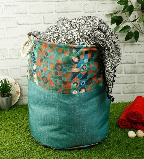 Sea Green Polyester Slub 50 Ltr (1Pc) Laundry Basket with Lid