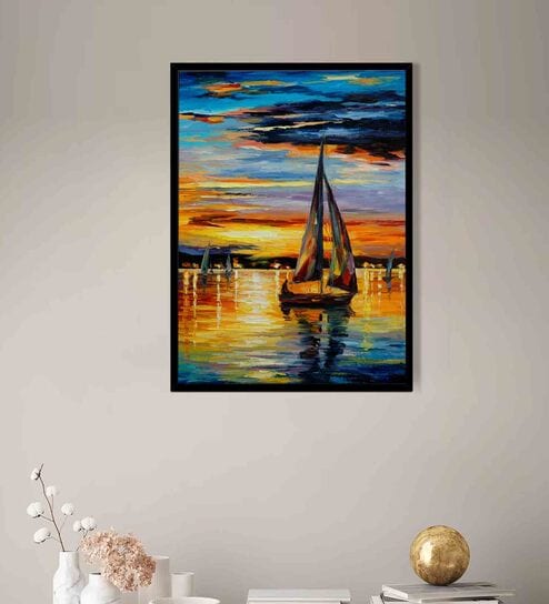 Seascape Sunrise Multicolour Synthetic Wood Framed Canvas Wall Painting