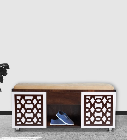 Seat-On Shoe Rack With Seating In Brown Teak Finish